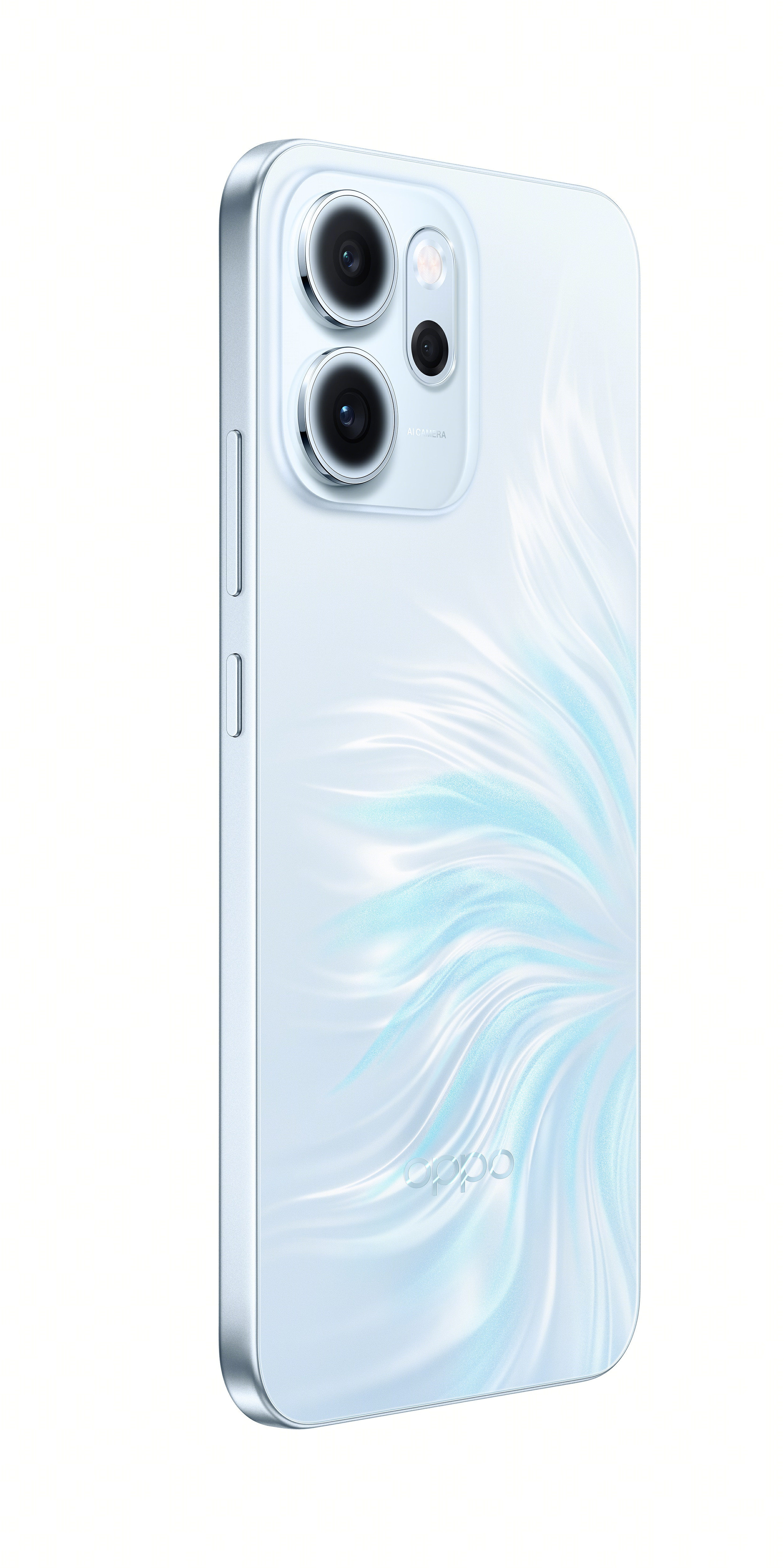 Üçlü kamera kurulumuna sahip, açık mavi bir Oppo telefon. Arkada akan bir desen ve Oppo logosu var.