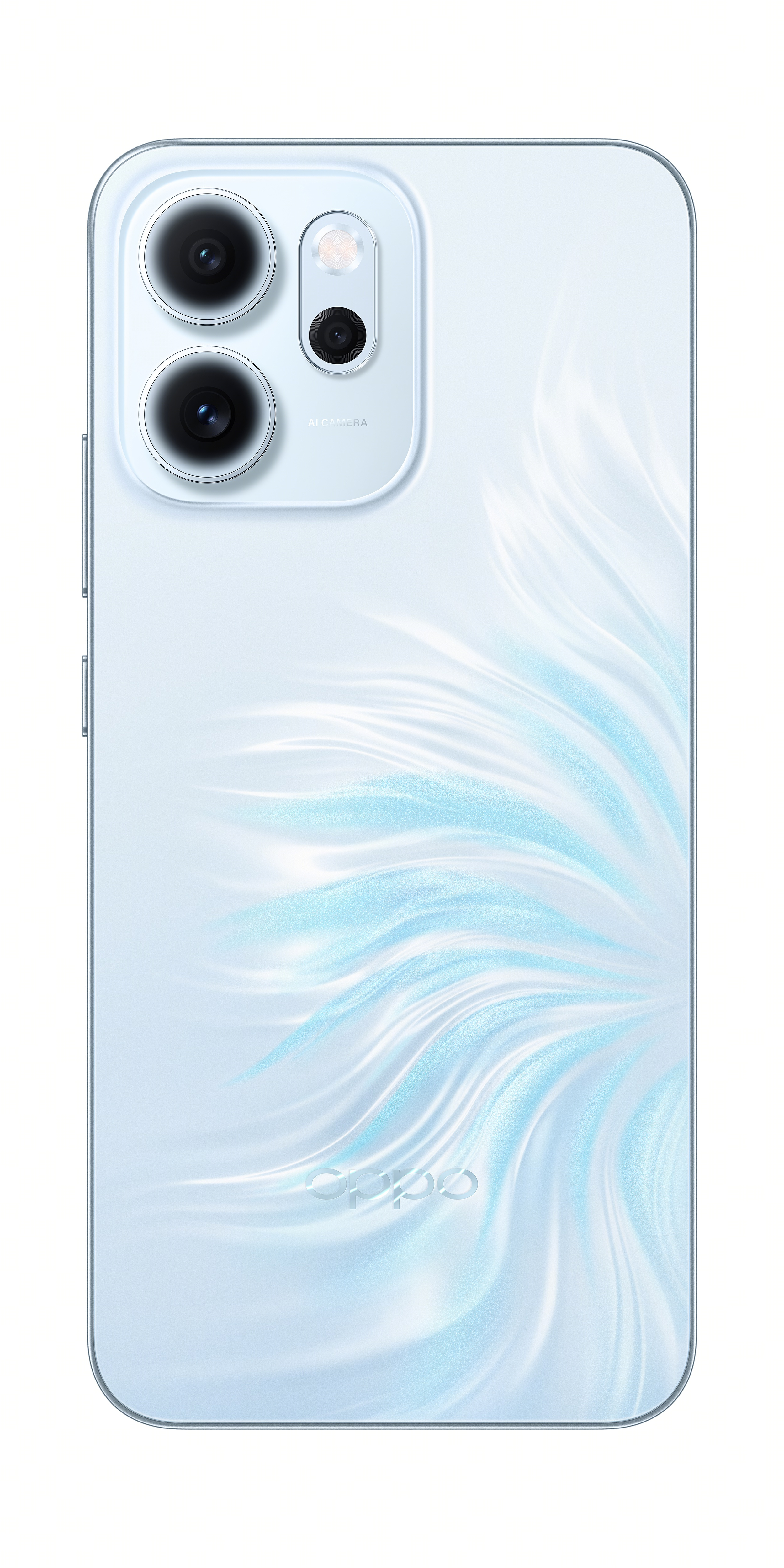 Açık mavi bir OPPO telefonun arka görünümü. Üç kamera merceğine ve bir girdap tasarımına sahip. OPPO logosu altta yer alıyor.