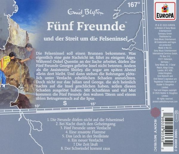 Buchcover mit Titel 'Fünf Freunde'. Es zeigt eine Karte und eine Zeichnung von zwei Personen auf einem Felsen.