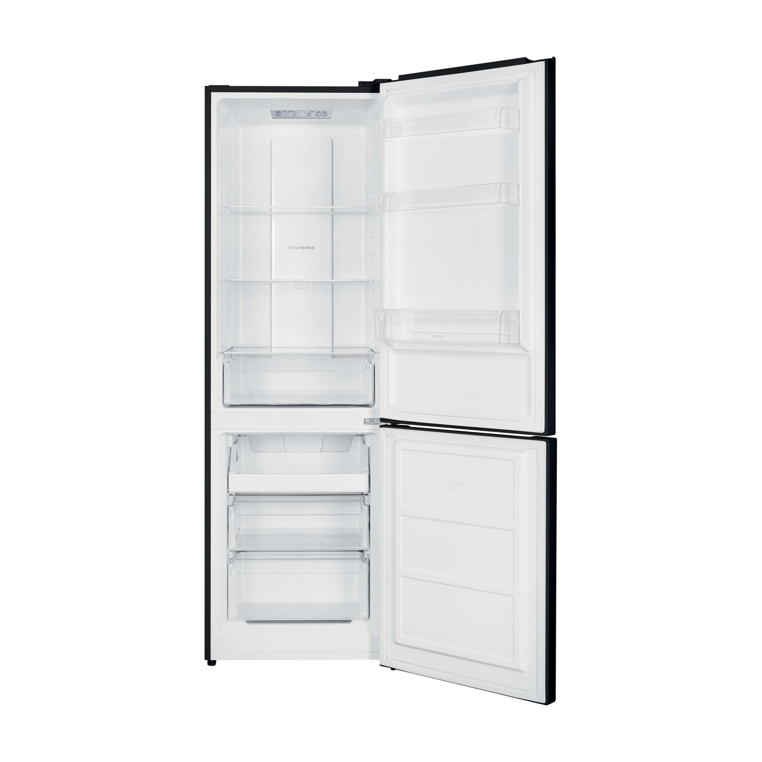 Un frigorifero nero aperto con interno bianco. Ha ripiani e cassetti. La porta del congelatore è aperta in basso.