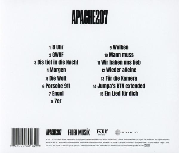 Albumcover mit dem Künstlernamen APACHE207 und deutschen Songtiteln. Enthält Logos für Musiklabels und einen Barcode.