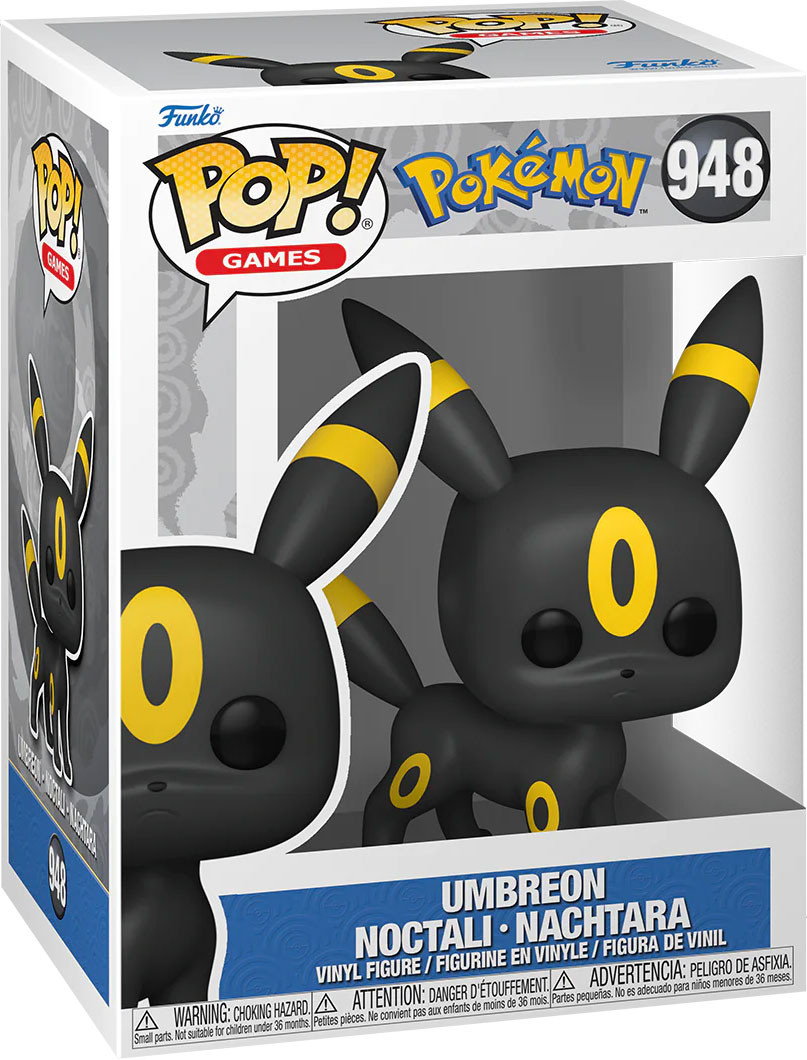 A Funko Pop figure of Umbreon in a box. The figure is black with yellow accents. The box has the Pokemon and Funko Pop logos.