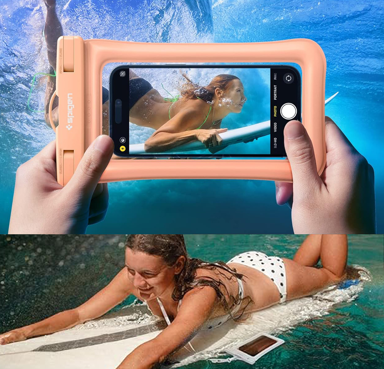 Bir kişi sörf yapan bir kadının fotoğrafını çekiyor. Telefon su geçirmez bir kılıf içinde. Başka bir kadın da suda sörf yapıyor.