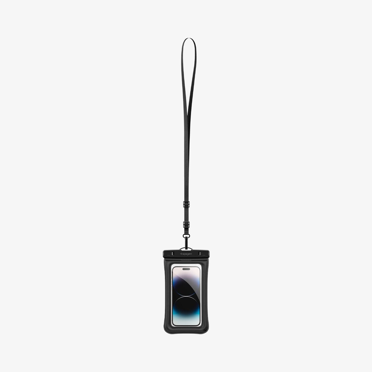 Siyah su geçirmez bir kılıf içinde siyah bir kordonlu akıllı telefon. Telefon ekranı açık ve bir gradyan gösteriyor.