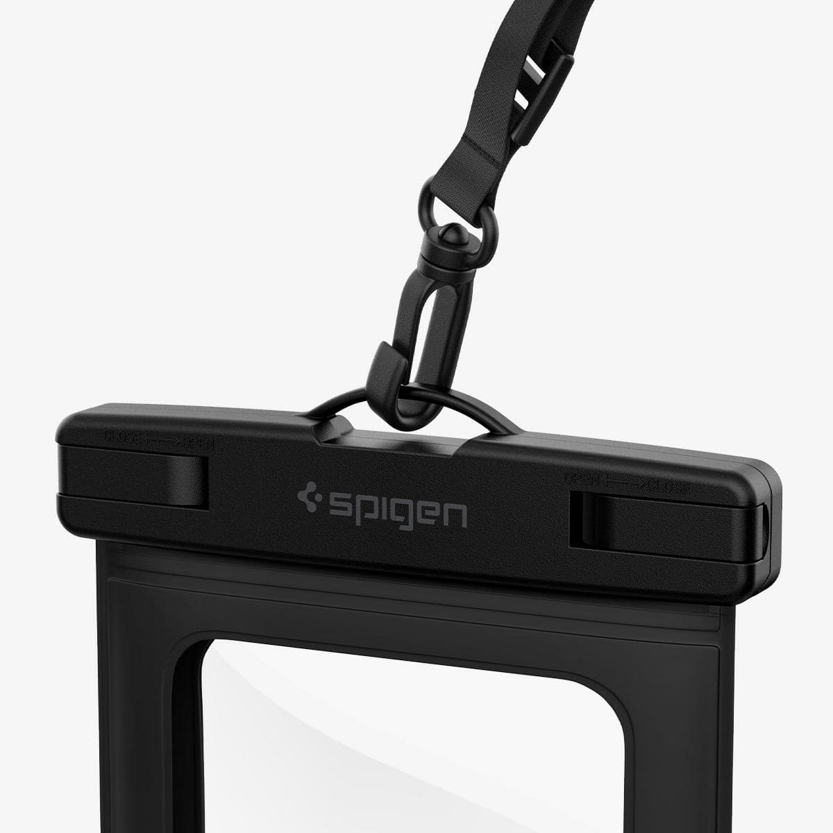 Siyah su geçirmez telefon kılıfı, siyah kayışlı. Kılıf üzerinde "Spigen" markası görünür durumda. Kılıf açıktır.