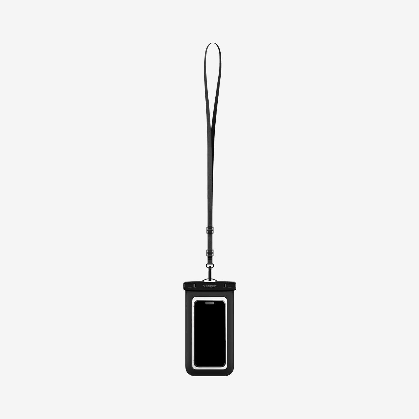 Siyah bir kayışlı siyah su geçirmez telefon kılıfı. Telefon ekranı siyah.