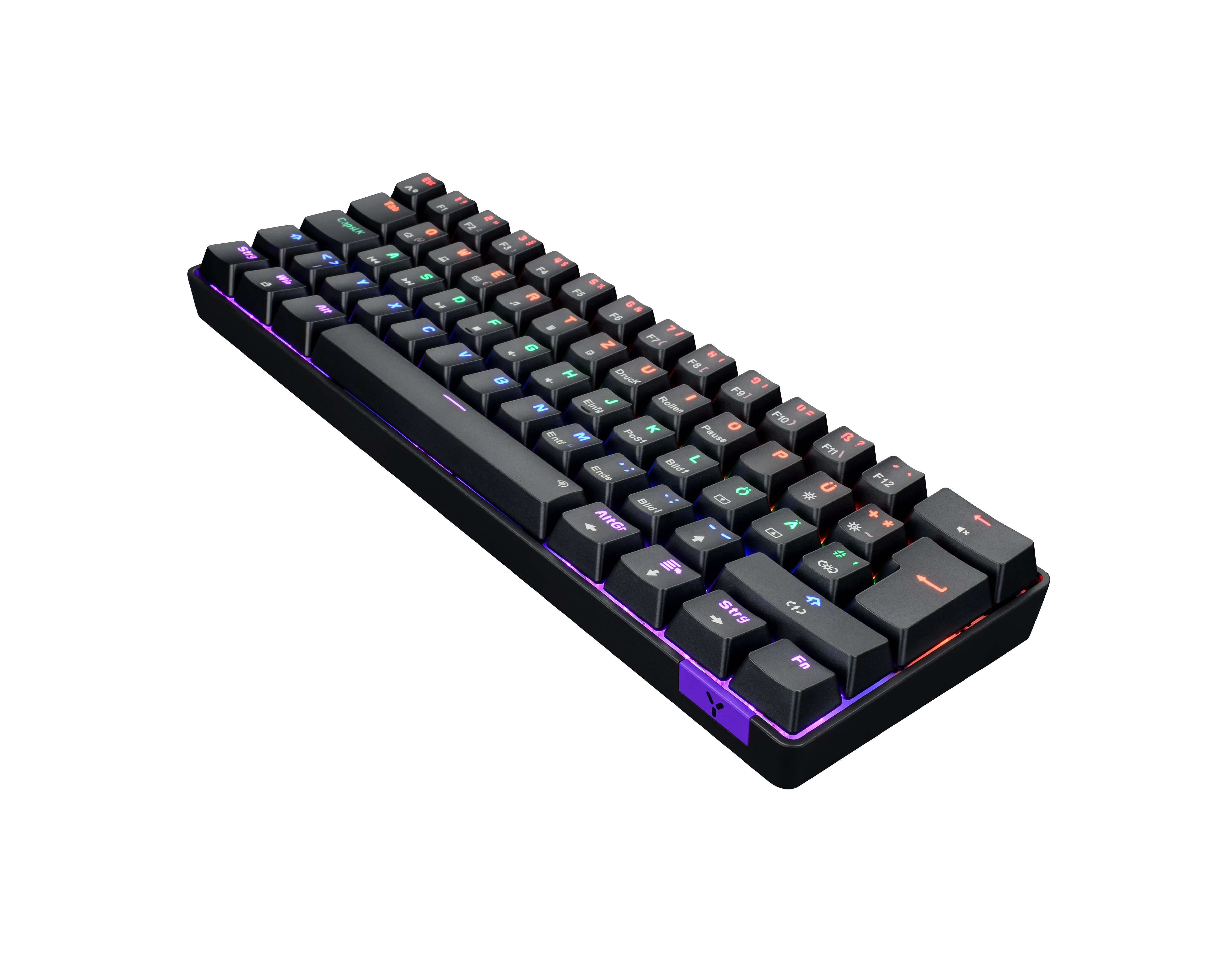 Eine schwarze mechanische Tastatur mit farbigen Hintergrundbeleuchtungstasten auf schwarzem Grund.