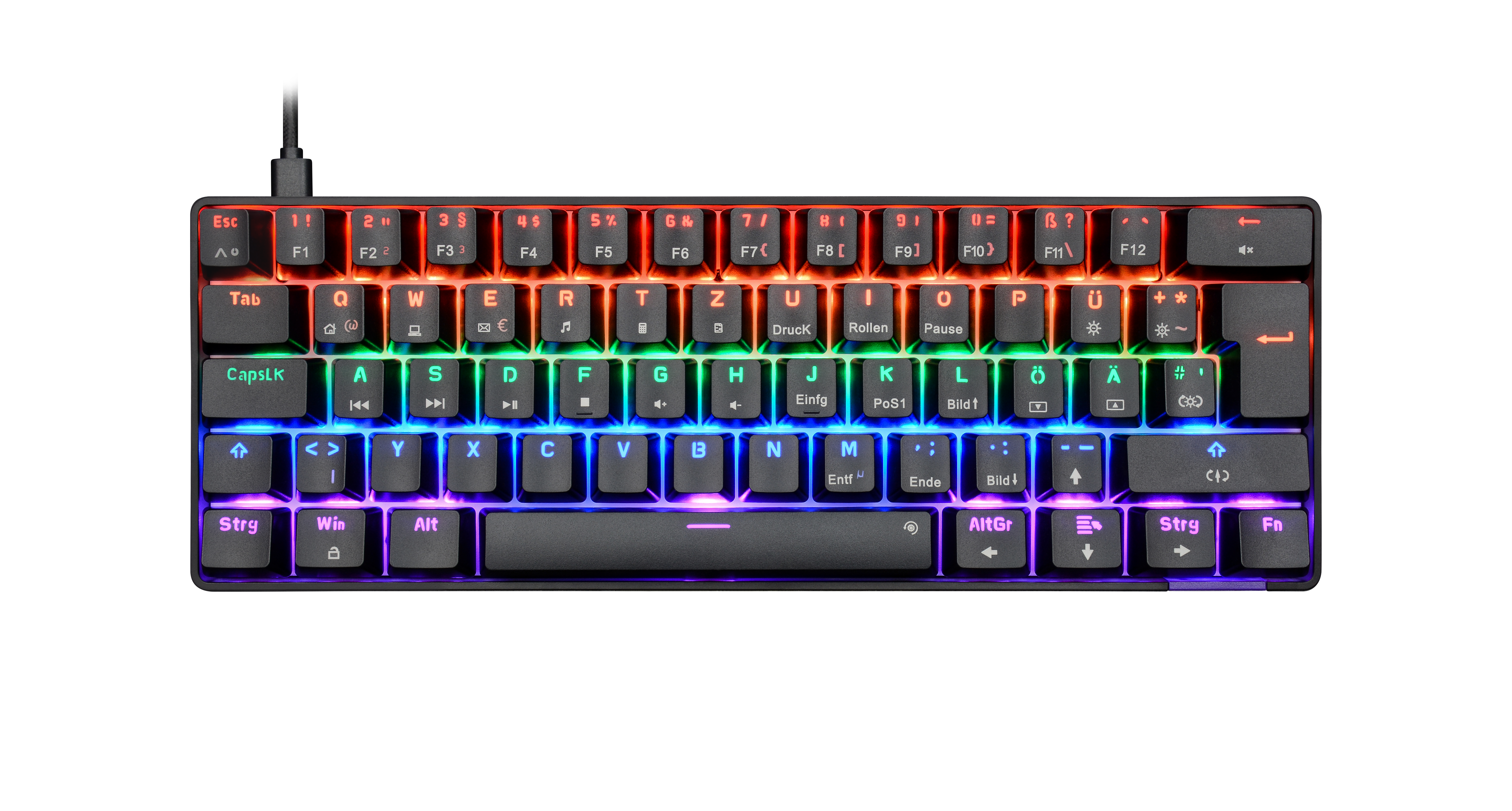 Eine schwarze, hintergrundbeleuchtete mechanische Tastatur mit Tasten, die verschiedene Symbole und Buchstaben anzeigen, auf weißem Hintergrund.