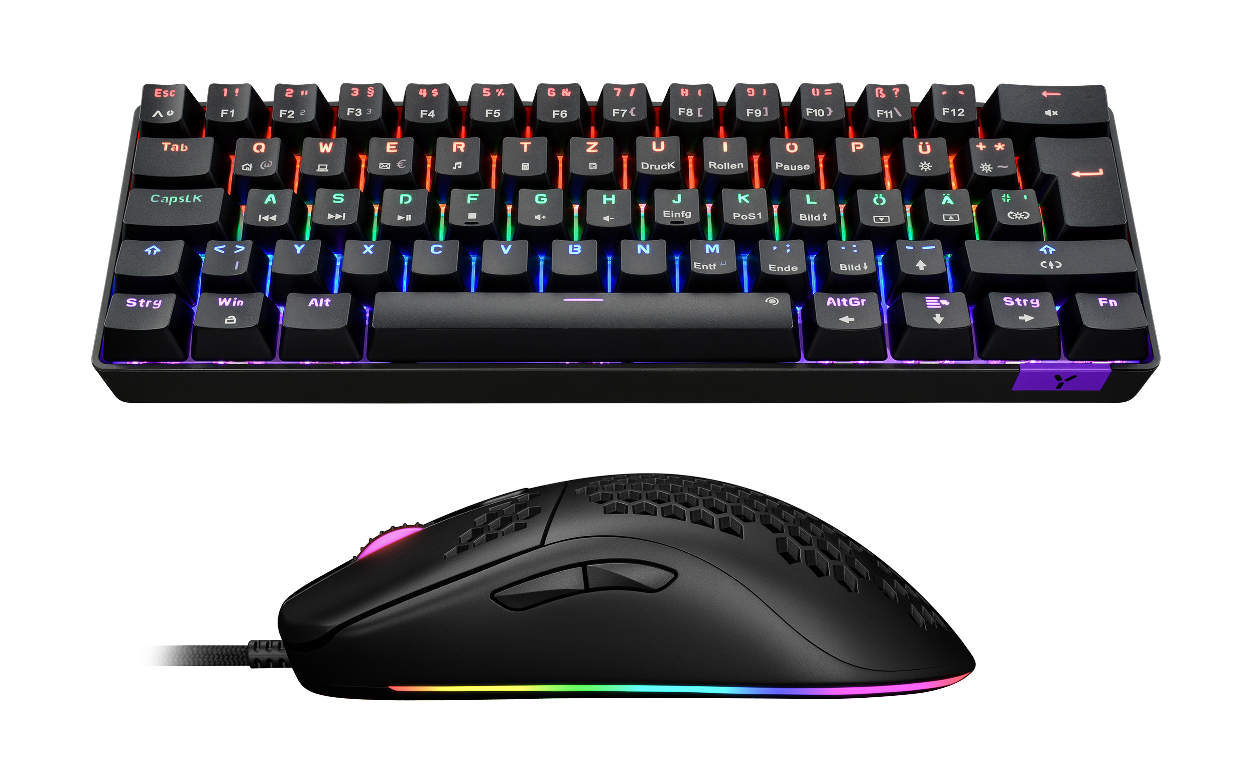 Eine schwarze Tastatur mit RGB-Beleuchtung und eine schwarze Maus mit Wabenmuster und RGB-Beleuchtung.