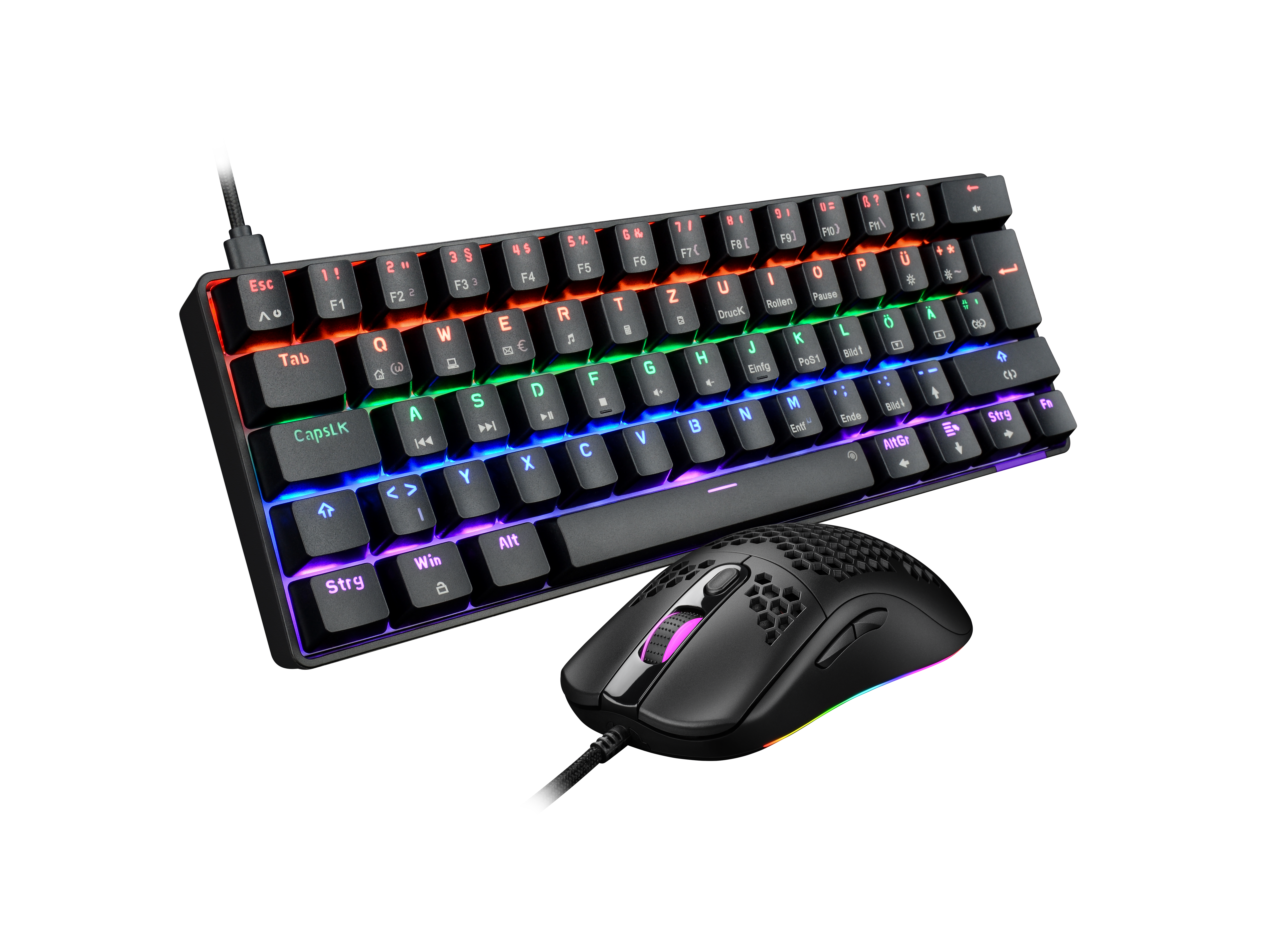 Schwarze Tastatur und Maus auf schwarzem Hintergrund. Die Tastatur hat bunte Lichter und Tasten.