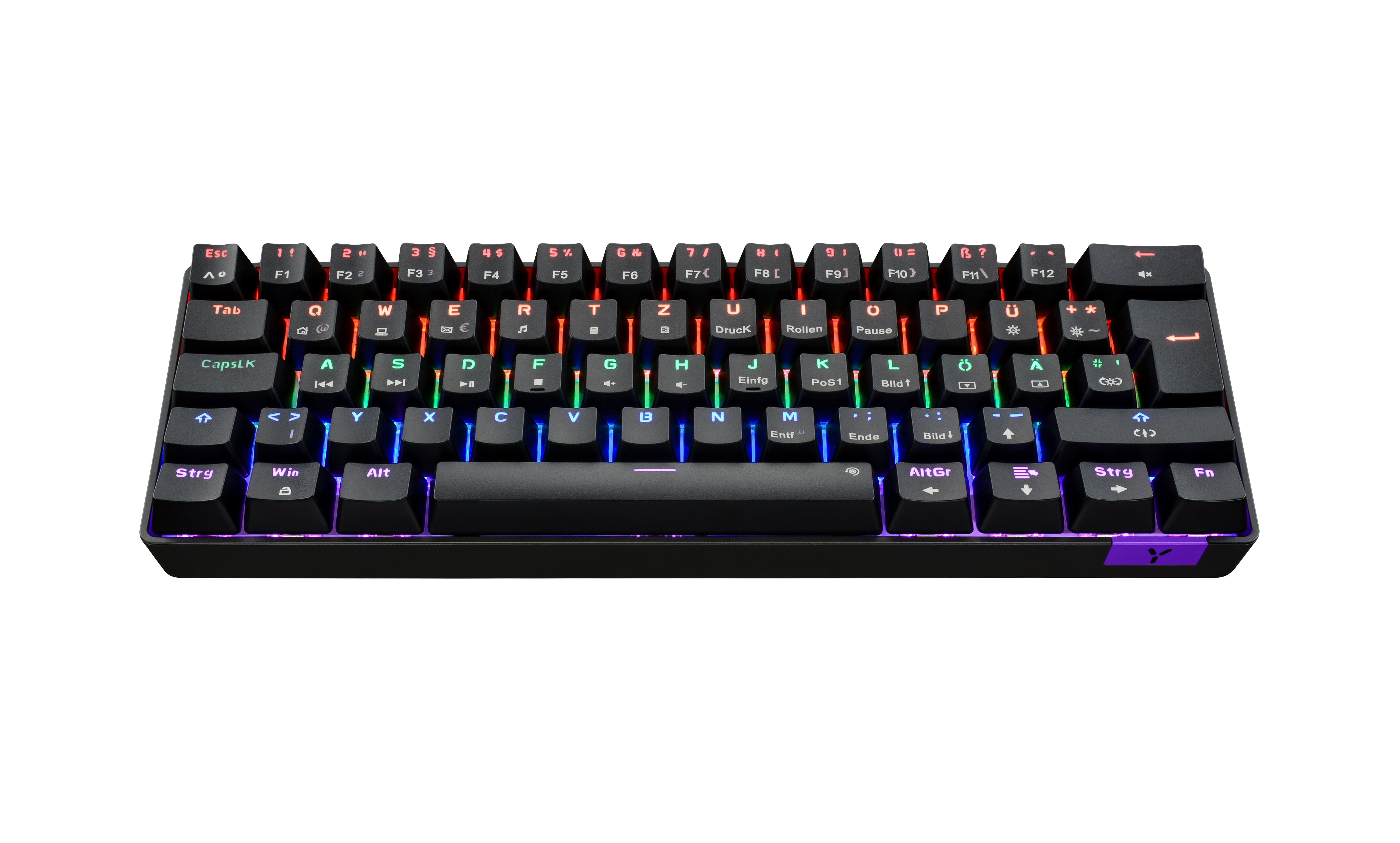 Eine schwarze, hintergrundbeleuchtete Tastatur mit roten, blauen und grünen Tasten. Sie hat Funktionstasten.