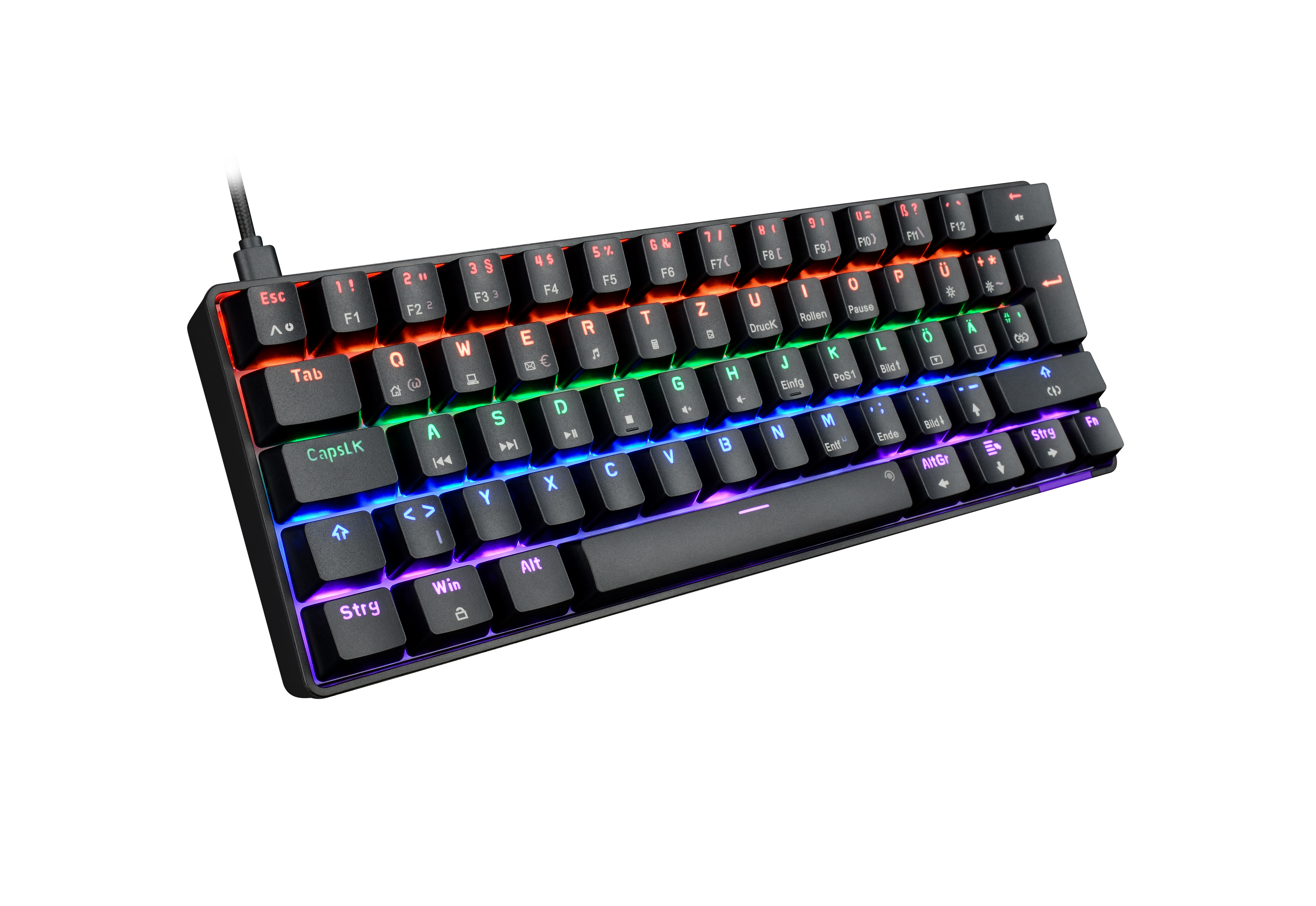 Eine schwarze mechanische Tastatur mit beleuchteten Tasten. Die Tasten zeigen Buchstaben, Zahlen und Symbole.