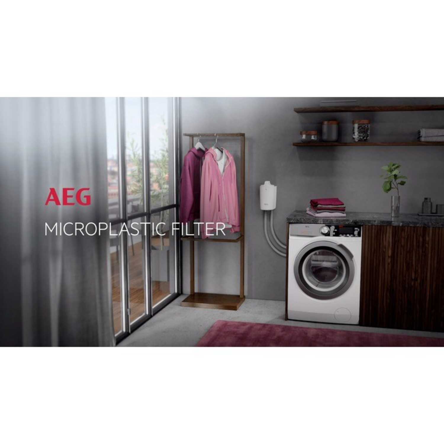 A laundry room with an AEG washing machine. Coats hang on a rack. The text 'MICROPLASTIC FILTER' is shown.