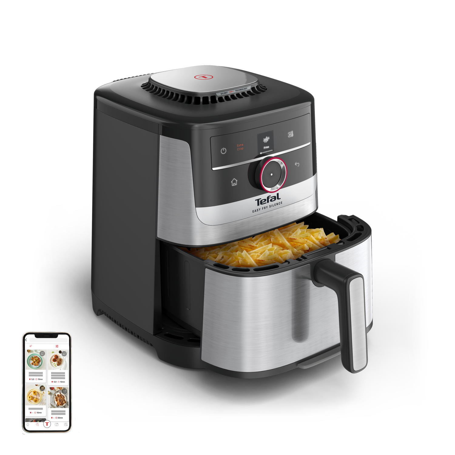 A Tefal air fryer with fries in the drawer and a smartphone showing recipes. The fryer is black and silver.