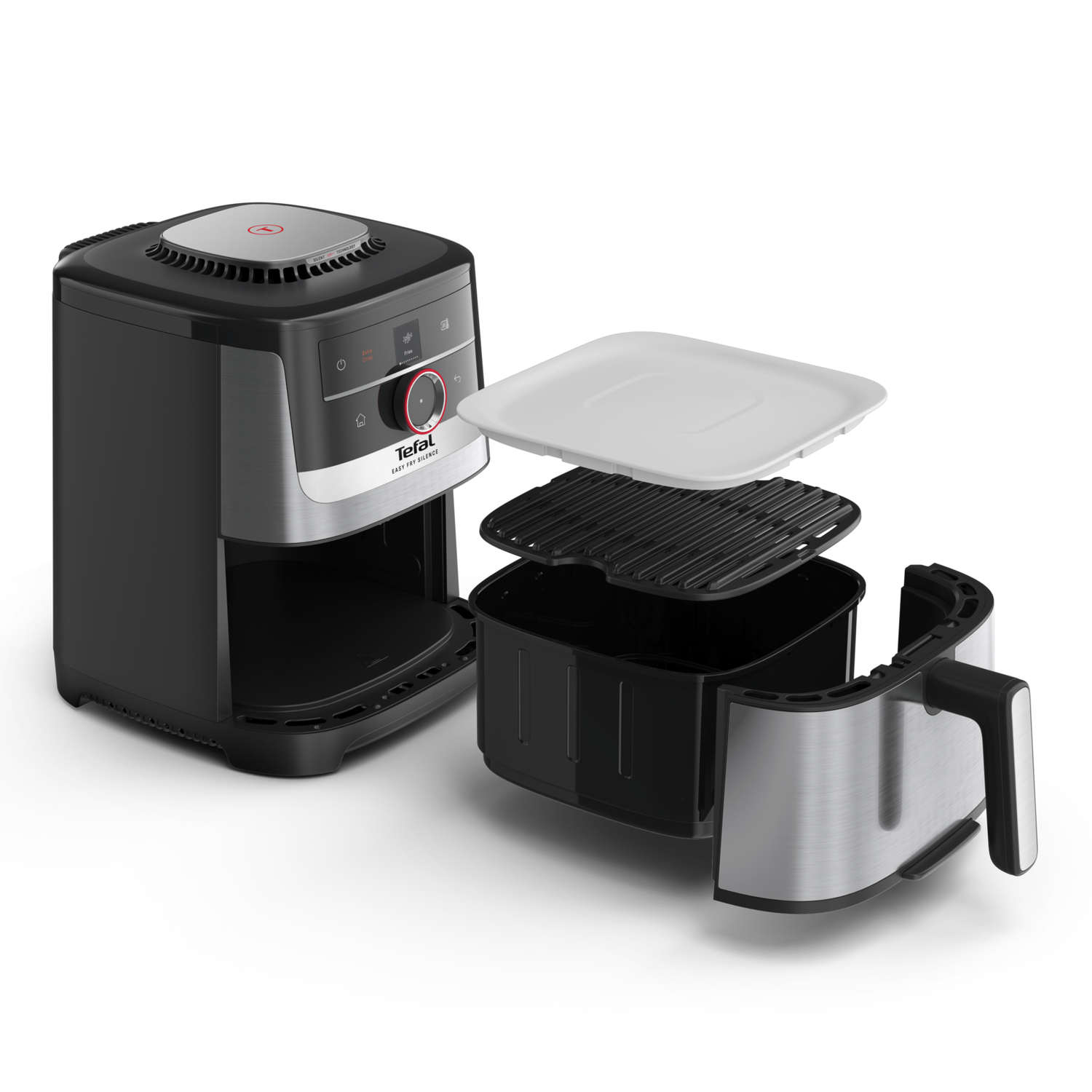 Tefal air fryer, black and silver, with removable parts: white lid, black grill, and black basket. Isolated on white background.