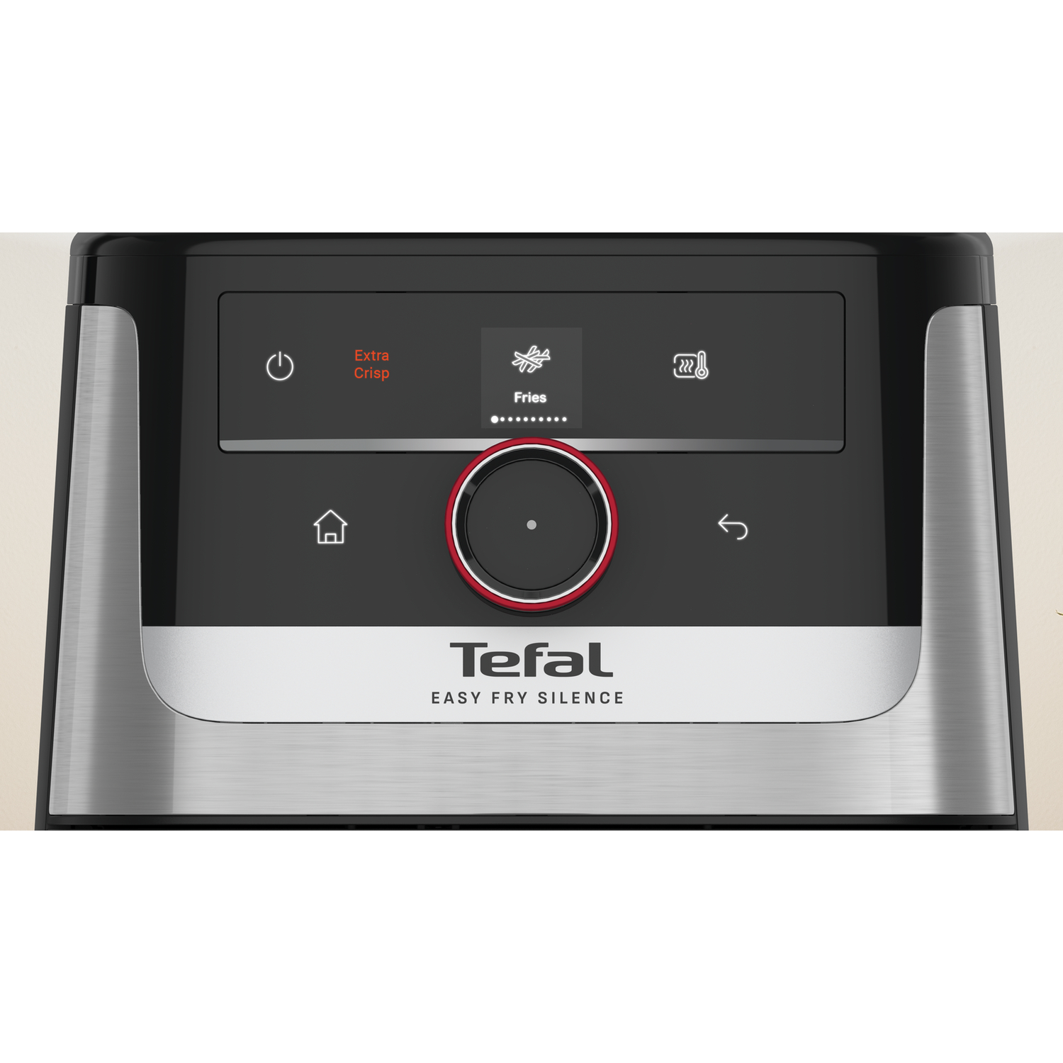 Close-up of a Tefal Easy Fry Silence air fryer control panel. It features a black screen with icons and a red-ringed control knob.