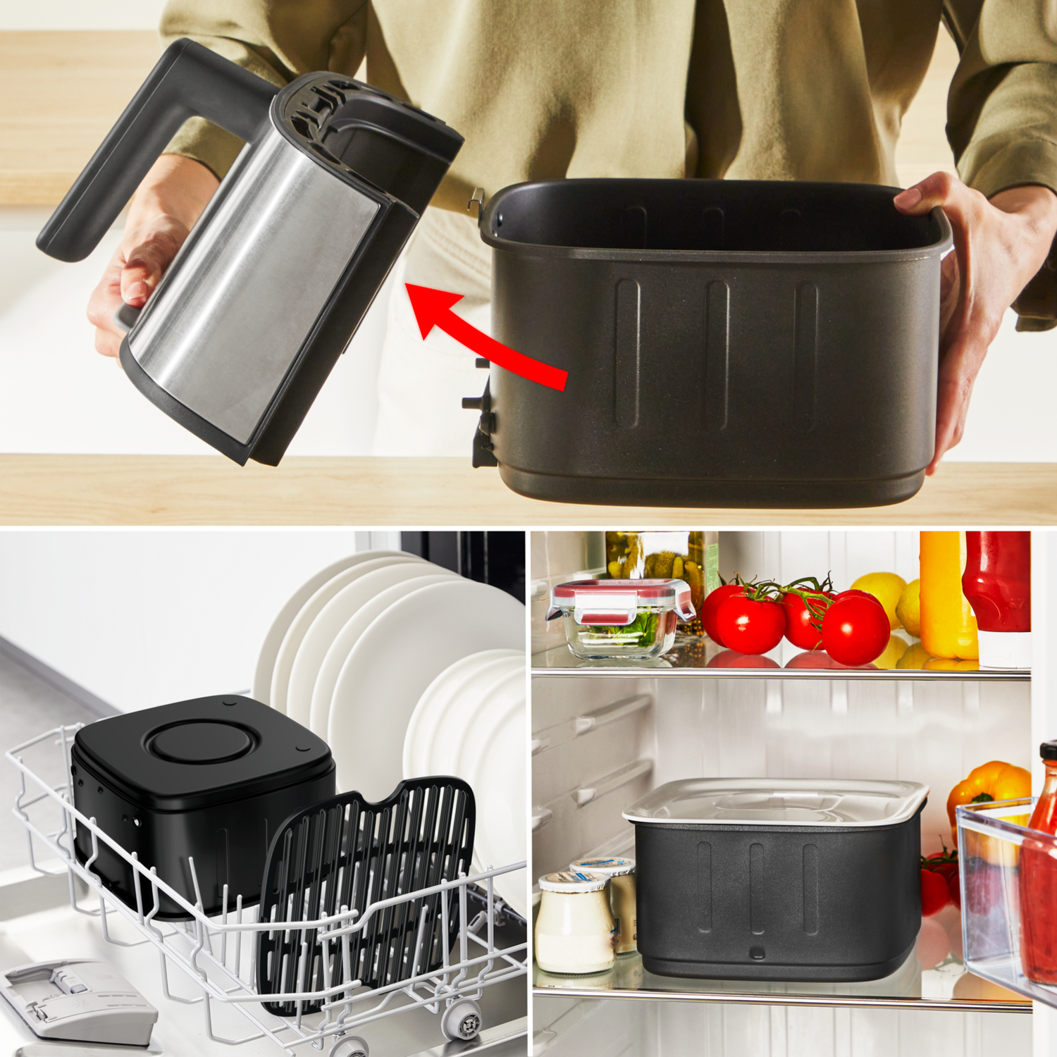 A person holds a silver and black appliance near a black container. Other images show the appliance in a dishwasher and refrigerator.
