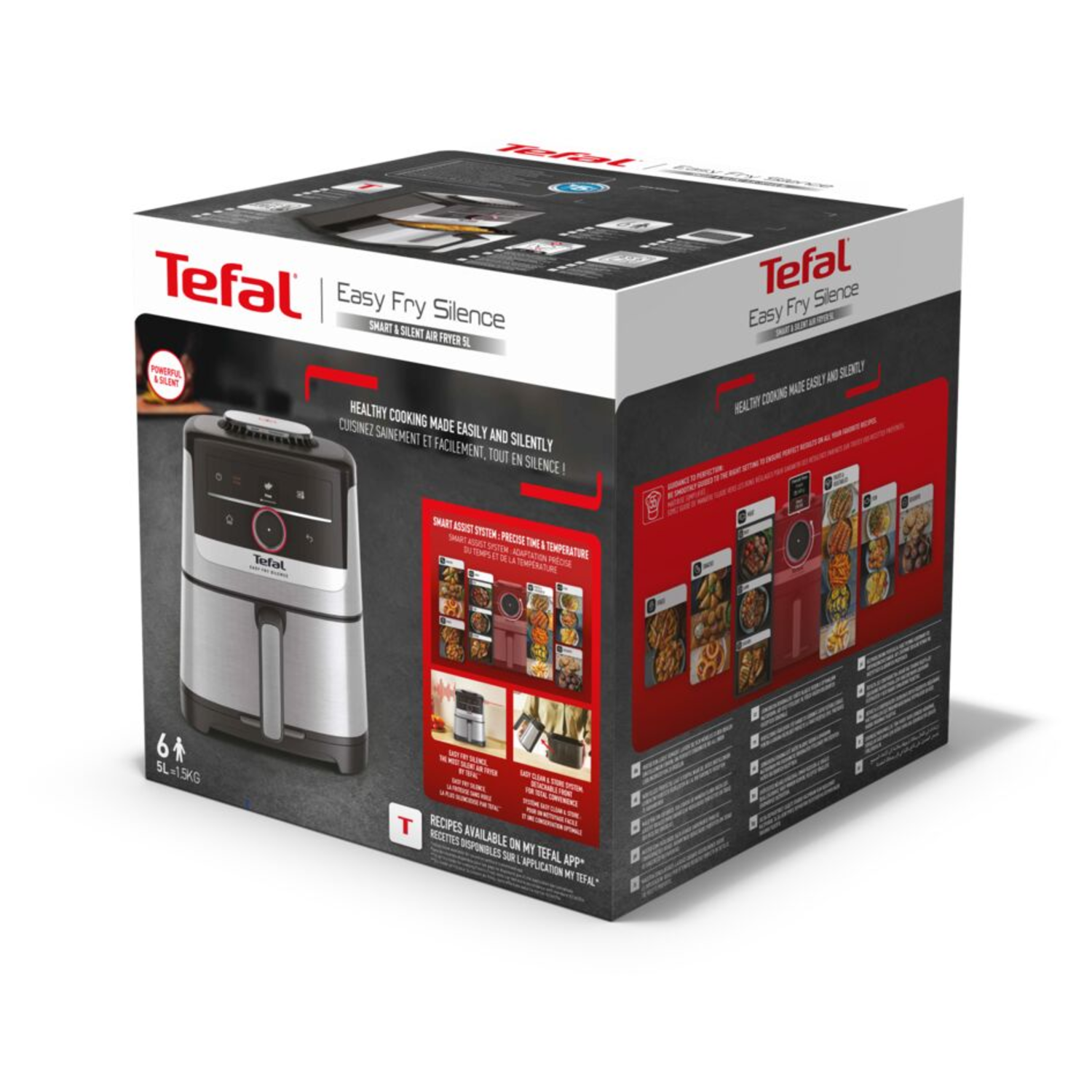 A Tefal Easy Fry Silence air fryer box. It shows the product and its features, like healthy cooking and silent operation.