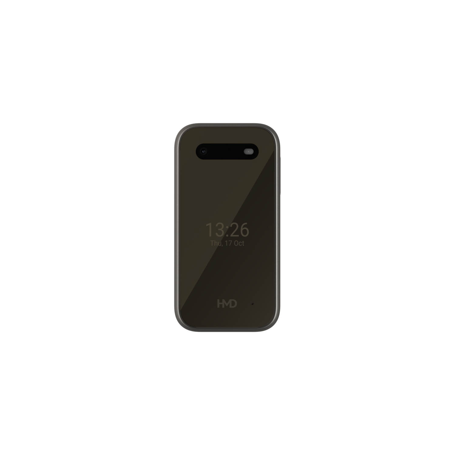 Een donkere smartphone met een zilveren frame wordt weergegeven tegen een zwarte achtergrond. Het scherm toont de tijd en datum.