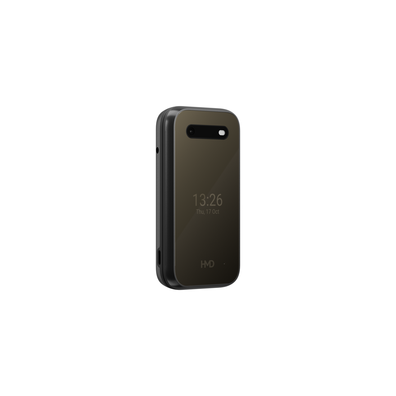 Een gesloten, olijfgroene telefoon met een zwart frame wordt weergegeven. Het scherm toont de tijd en datum. De telefoon staat tegen een zwarte achtergrond.