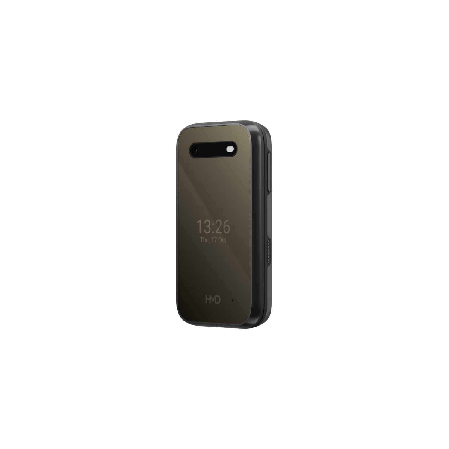 Een smartphone met een gouden scherm toont de tijd, 13:26. De telefoon heeft een zwart frame en staat tegen een zwarte achtergrond.
