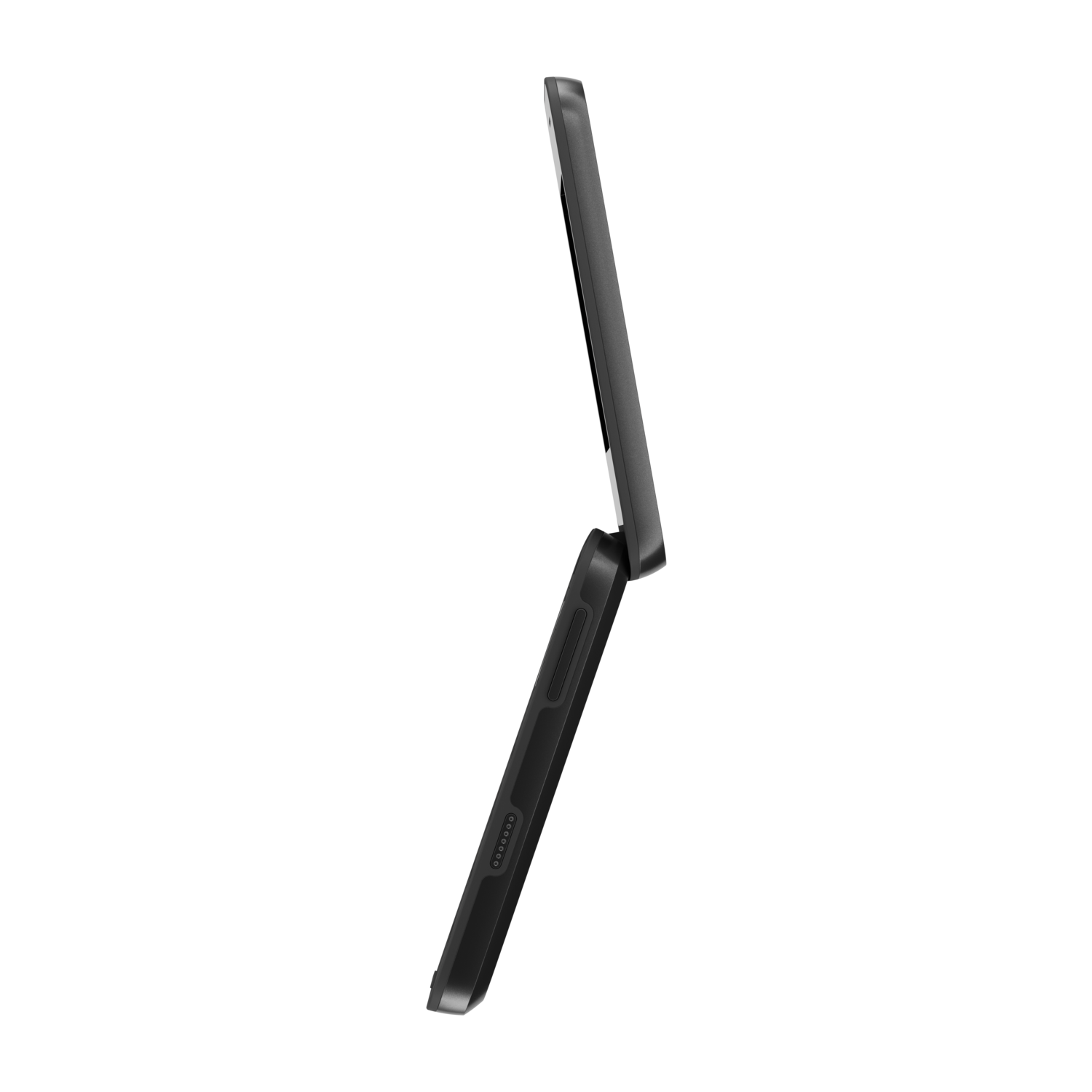 Een zwarte clamshell-telefoon, gedeeltelijk open, tegen een zwarte achtergrond. De details van de telefoon zijn duidelijk zichtbaar.