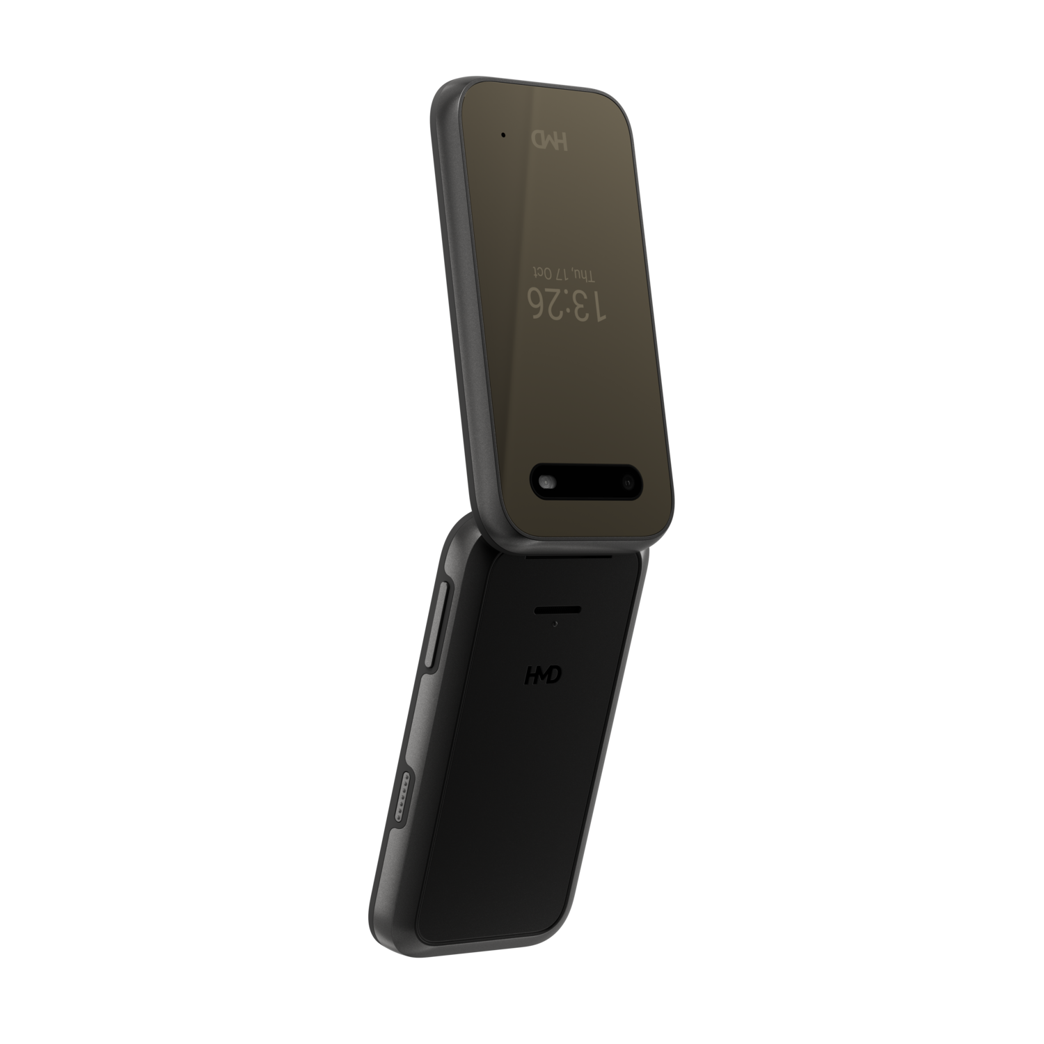Een klaptelefoon wordt open getoond tegen een zwarte achtergrond. Het scherm geeft tijd en datum weer. De telefoon is donkergrijs en bruin.