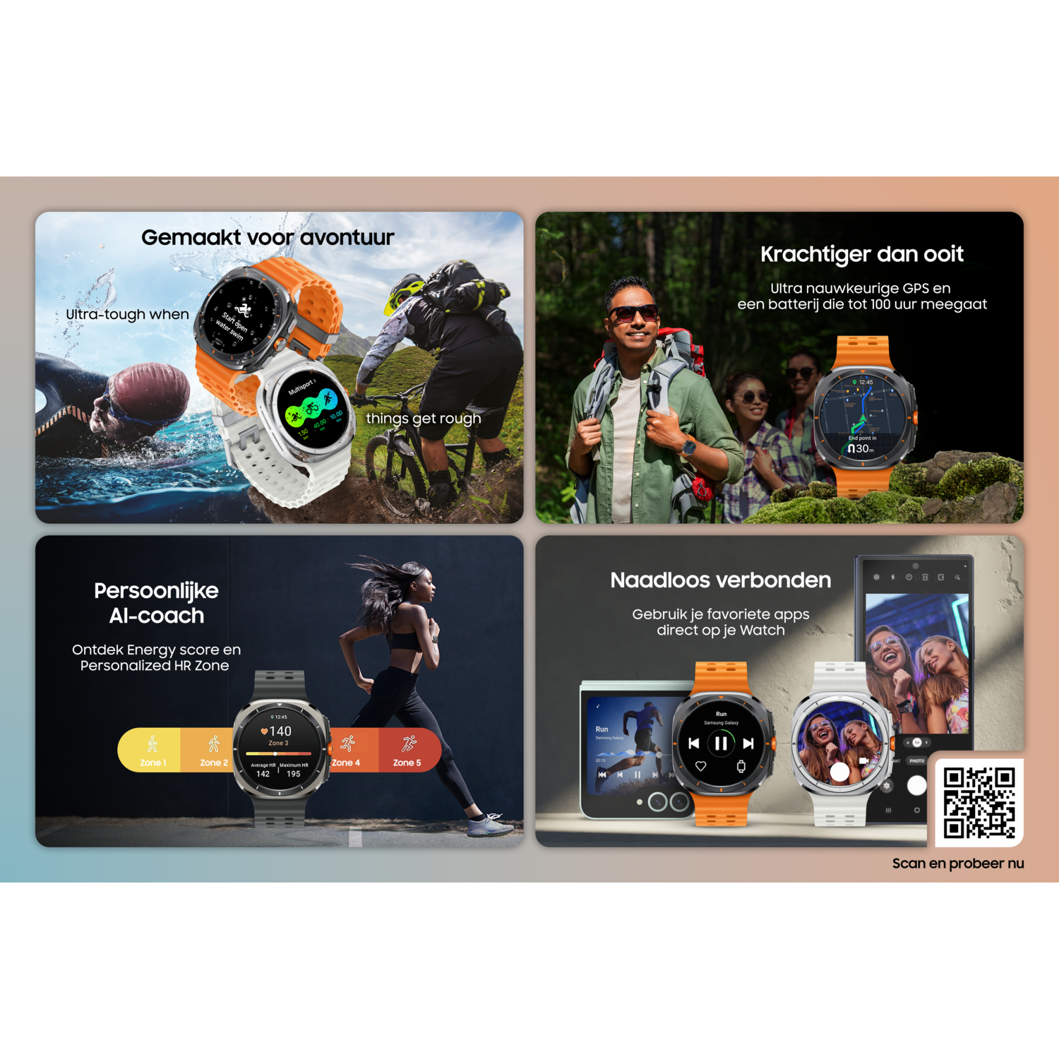 Een promotieafbeelding toont smartwatches met fitness- en outdooractiviteiten. Mensen rennen, fietsen en wandelen.