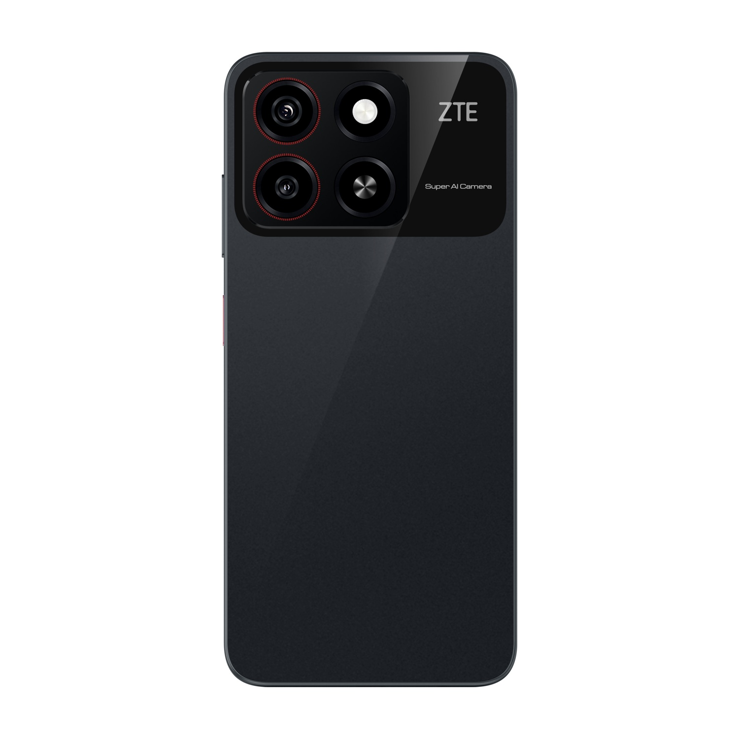 Smartphone ZTE nero. Ha quattro fotocamere posteriori e il marchio. Il telefono è su sfondo bianco.