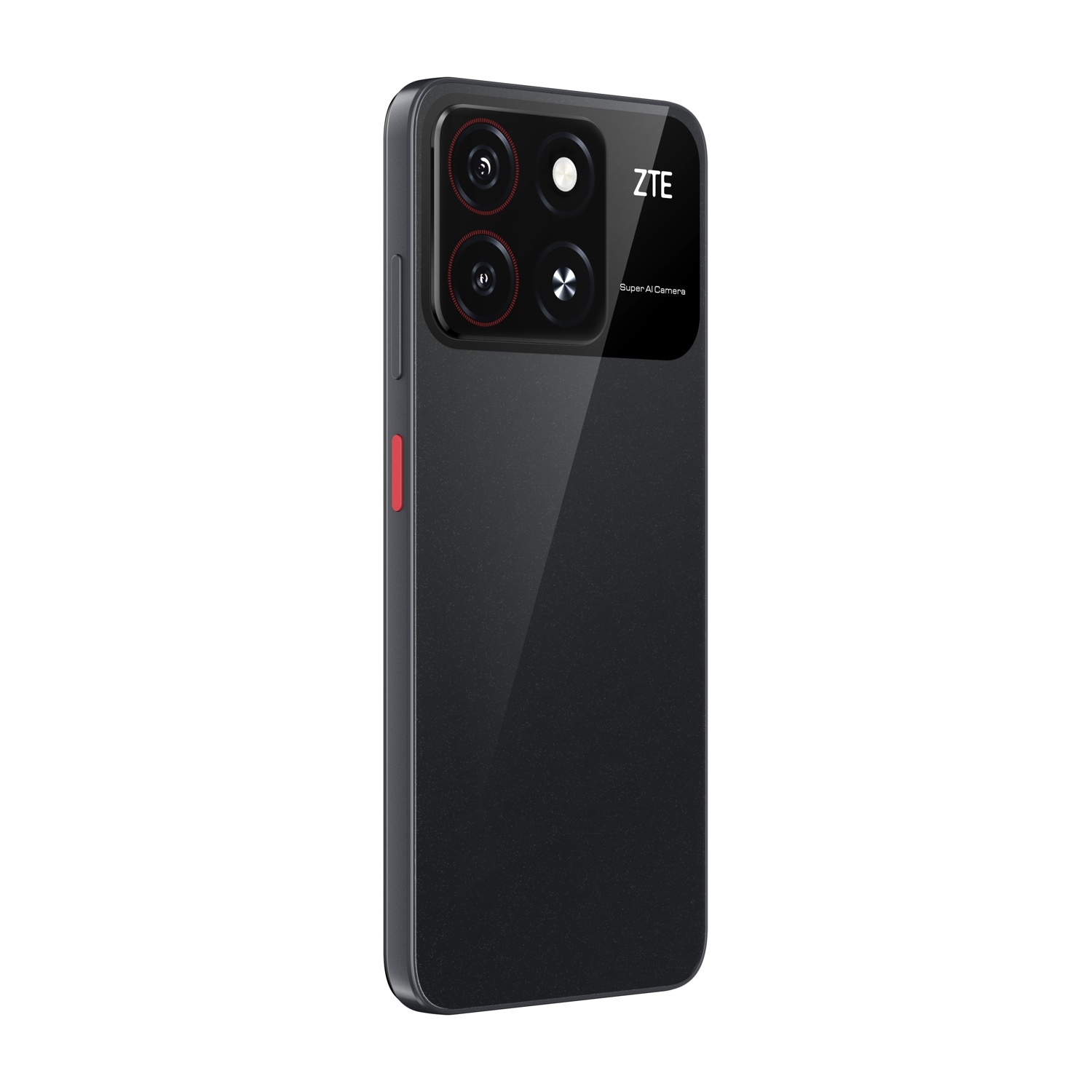 Uno smartphone ZTE nero con un modulo fotocamera. Il modulo ha più lenti e la scritta 'Super AI Camera'. Sul lato c'è un pulsante rosso.