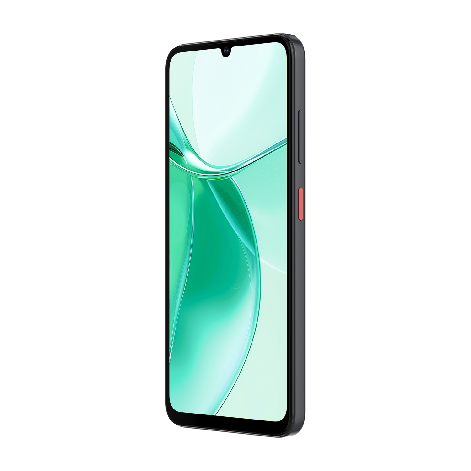 Uno smartphone con cornice nera e schermo verde con design a onda. Il pulsante del volume è nero e quello di accensione rosso.