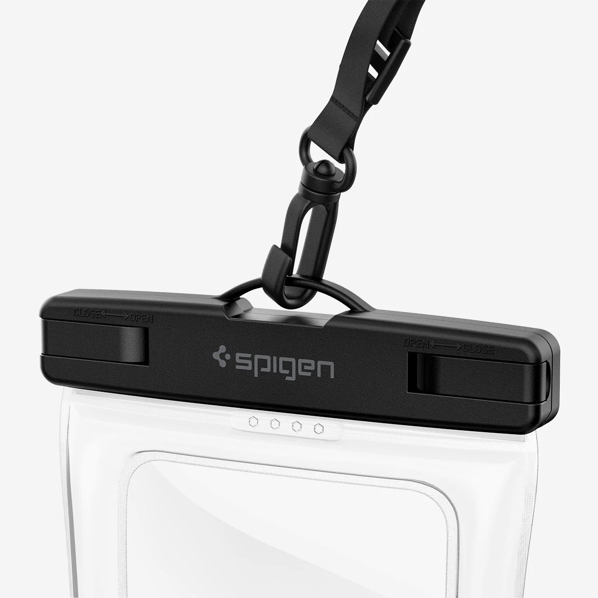 Siyah su geçirmez telefon kılıfı, kayışlı. Kılıfın üzerinde 'Spigen' logosu bulunan siyah bir üst kısım var.