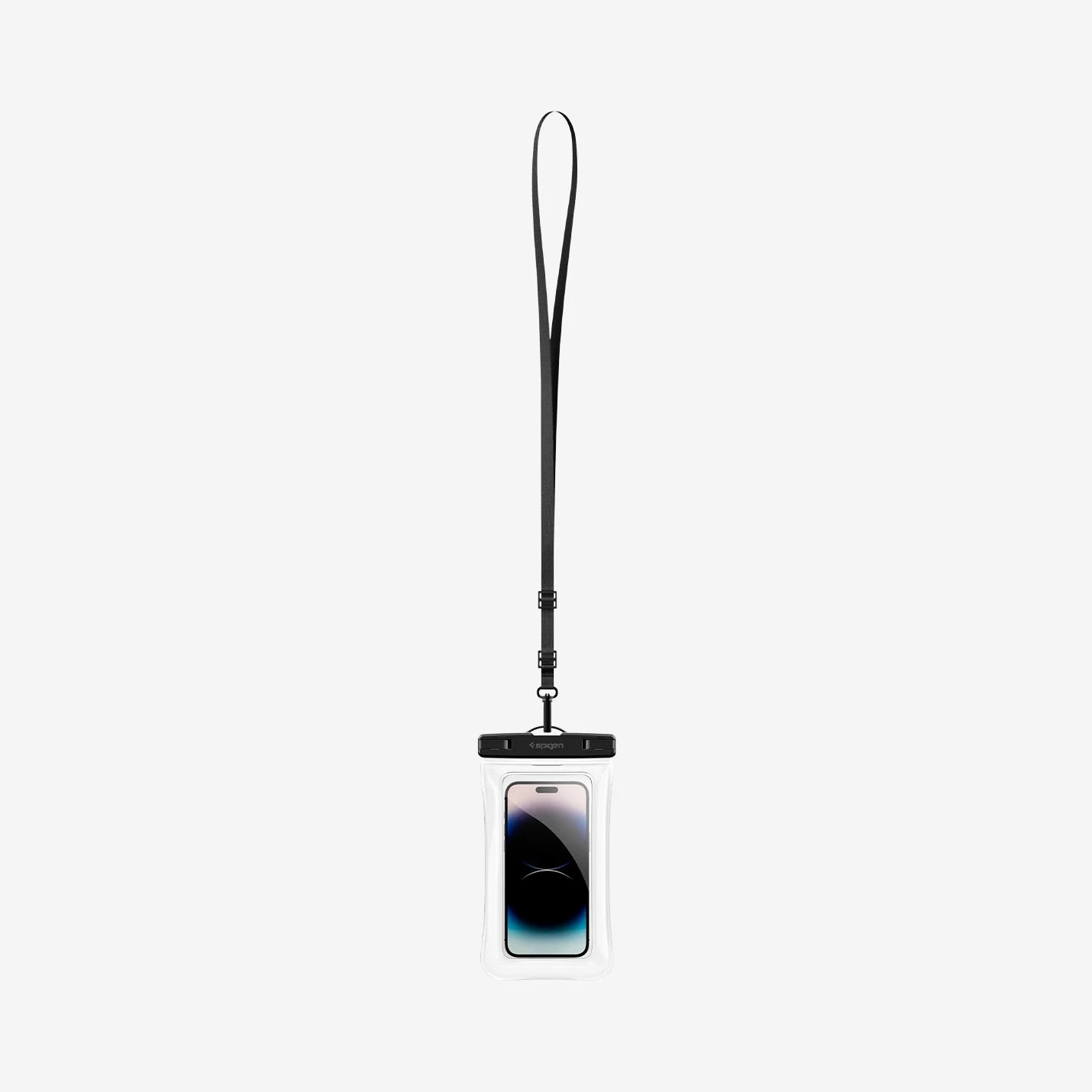Siyah bir kordonlu şeffaf su geçirmez telefon kılıfı. Kılıfın içinde ekranını gösteren bir telefon var. Arka plan beyaz.