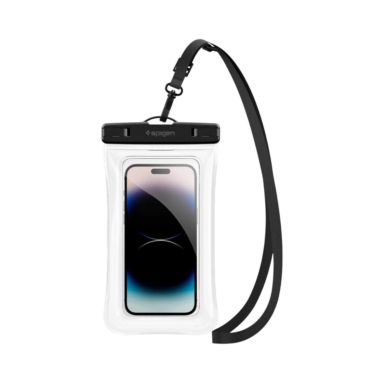 Siyah kayışlı, şeffaf su geçirmez bir kılıf içinde bir telefon. Kılıfın üzerinde Spigen logosu var. Ekran görülebilir.