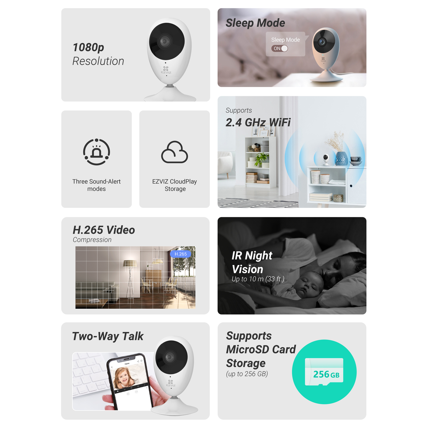 White security camera with features like 1080p resolution, 2.4 GHz WiFi, night vision, and microSD card storage. Supports two-way talk.