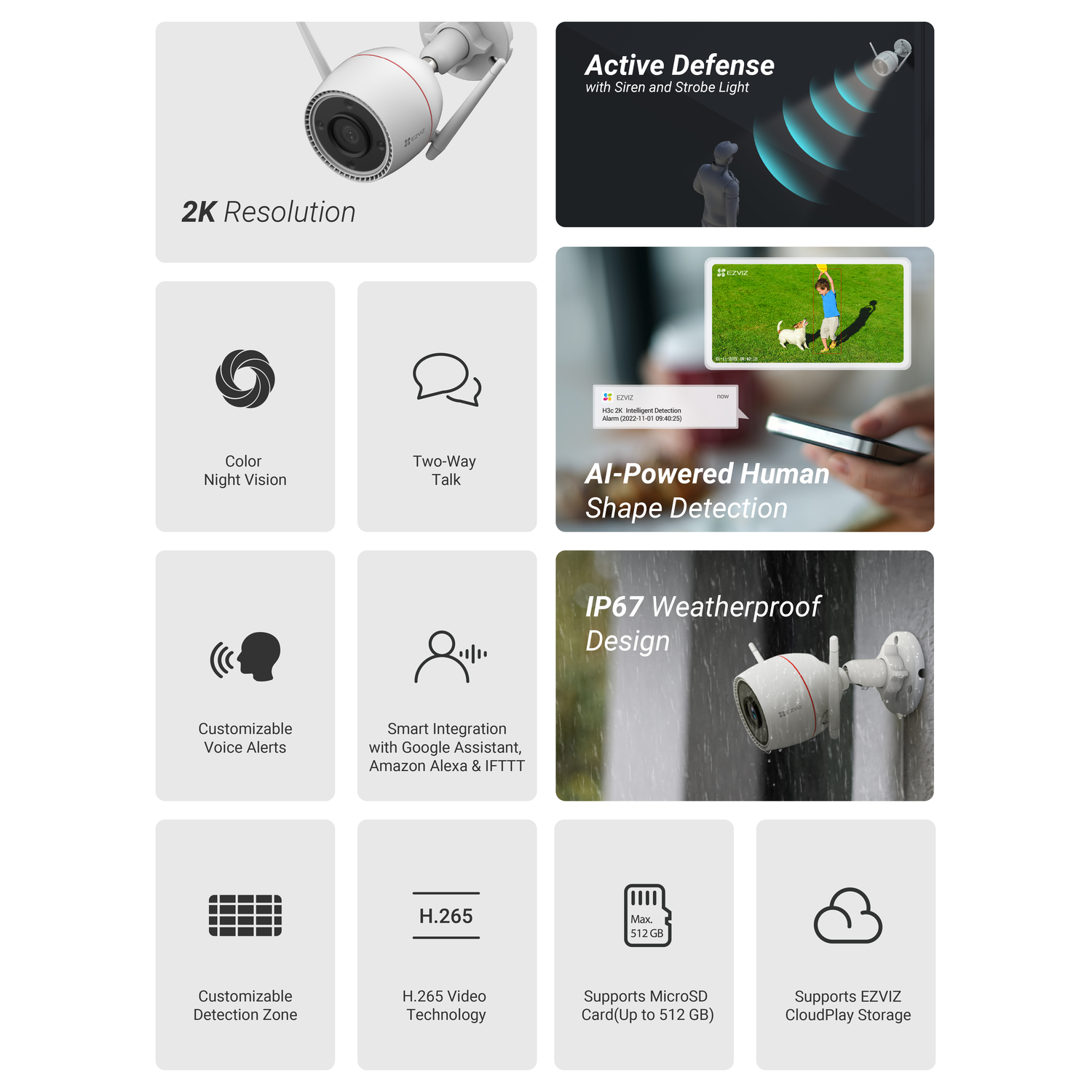A white security camera with red accents. Features include 2K resolution, night vision, two-way talk, and AI human shape detection.