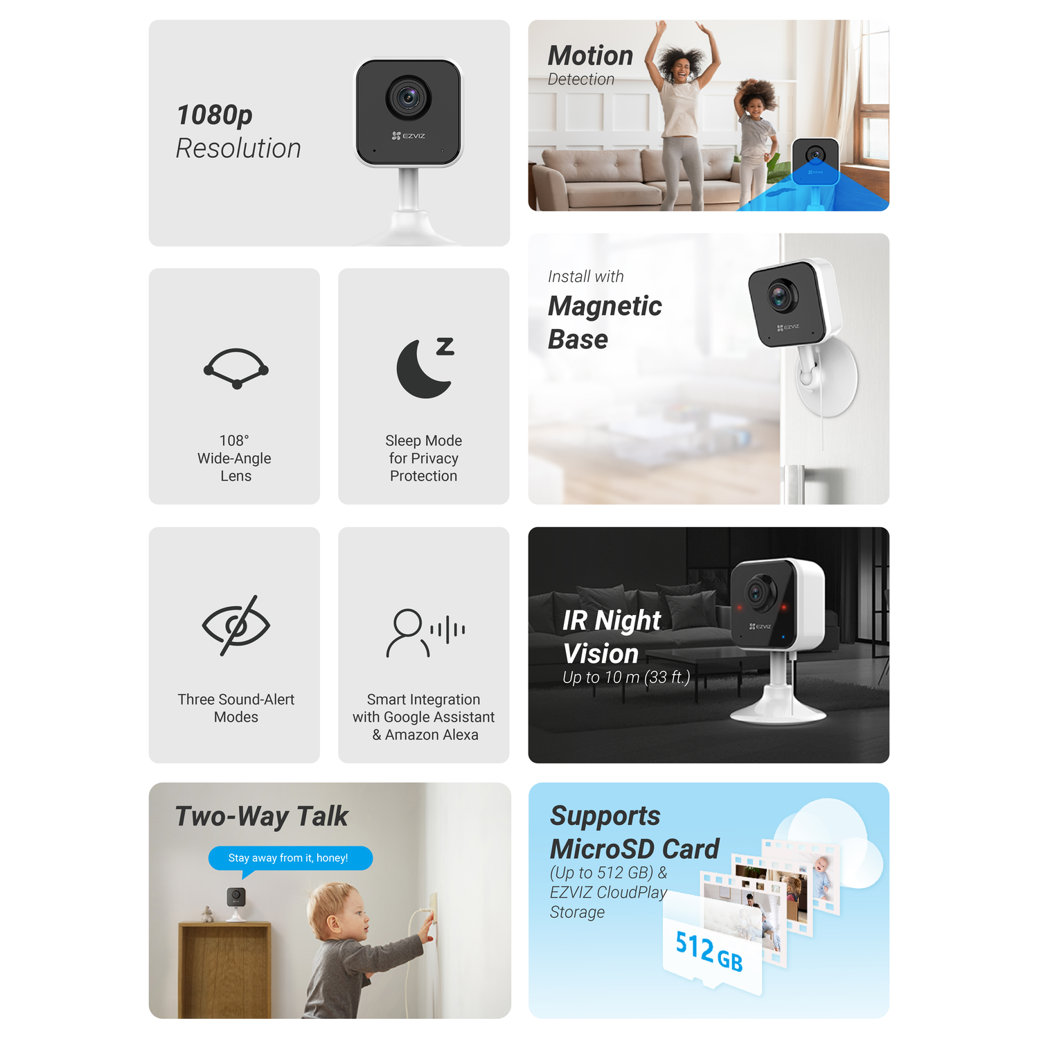 Afbeelding toont een beveiligingscamera met functies zoals 1080p resolutie, bewegingsdetectie, magnetische voet, IR nachtzicht en microSD-kaartondersteuning.