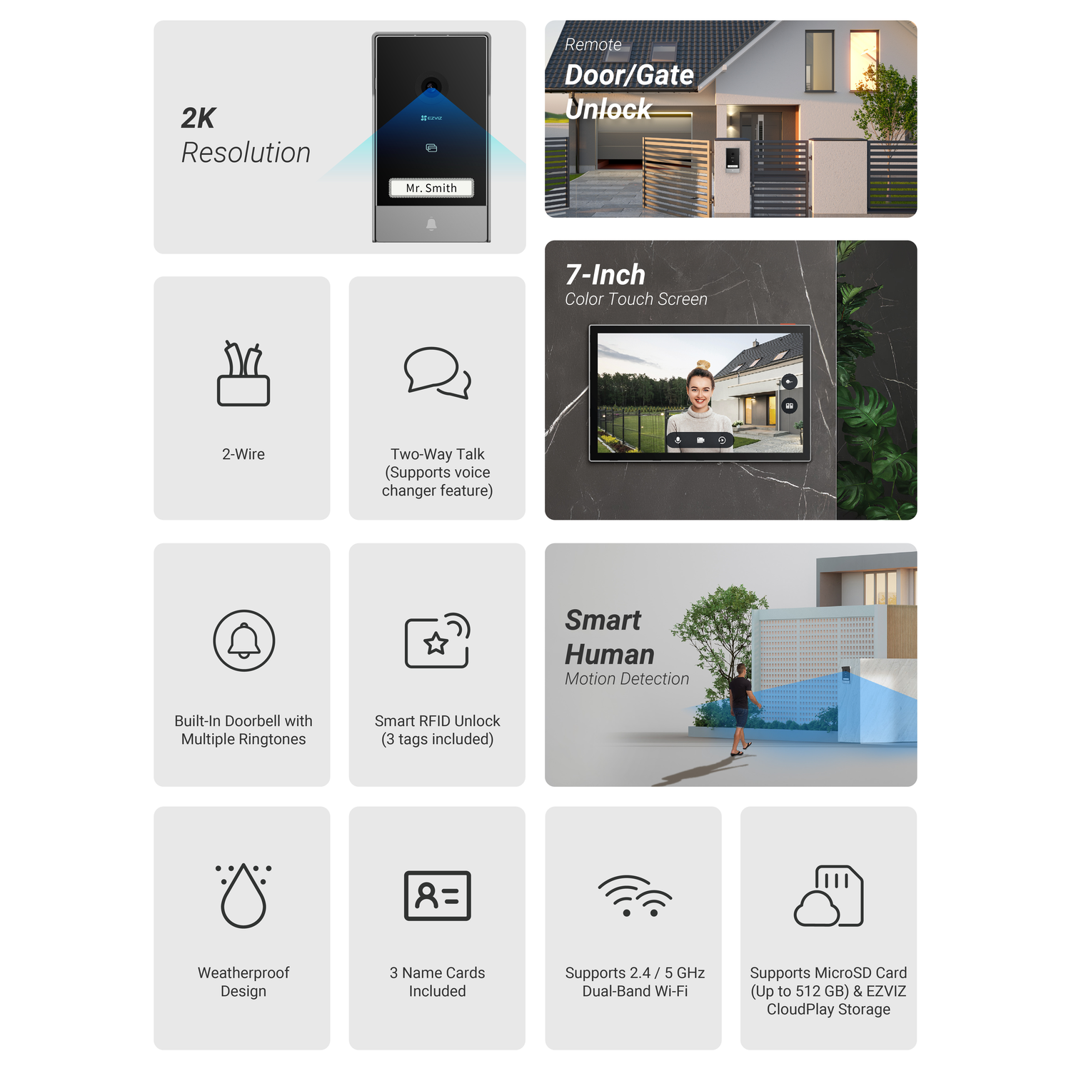An image showcasing a smart doorbell system. Features include a 2K resolution camera, touch screen, and dual-band Wi-Fi. It supports remote unlock.