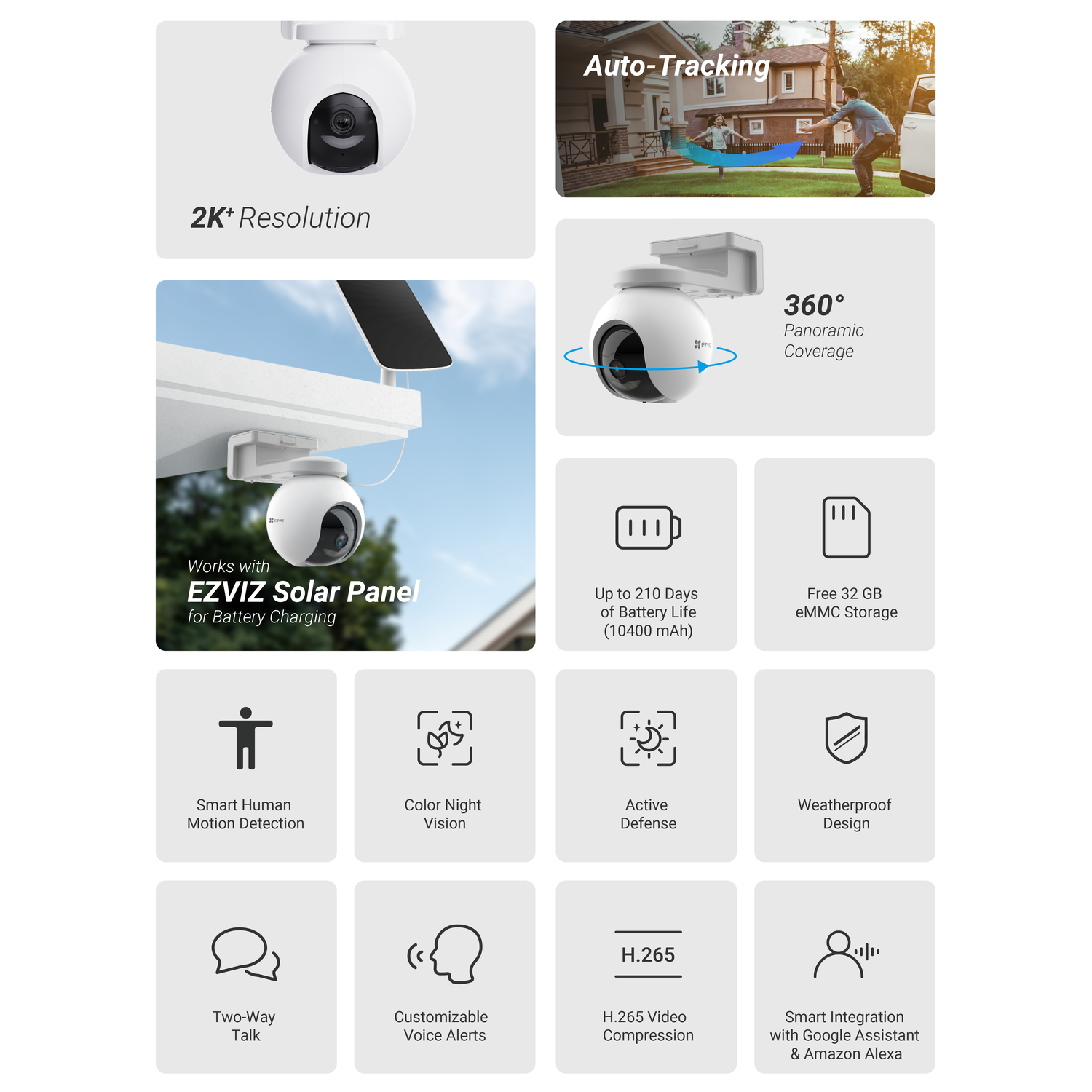 A security camera with 2K resolution, auto-tracking, 360-degree coverage, and solar panel compatibility. Features include human detection and night vision.