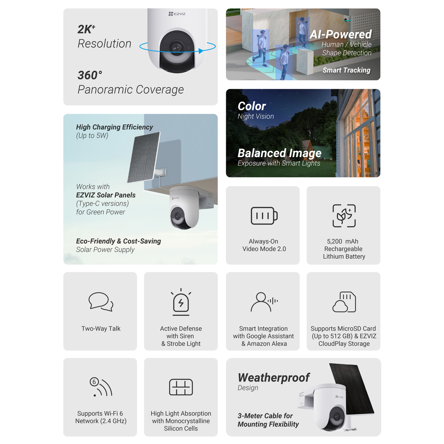 An advertisement for an EZVIZ security camera, showing features like 2K+ resolution, night vision, and solar power compatibility.