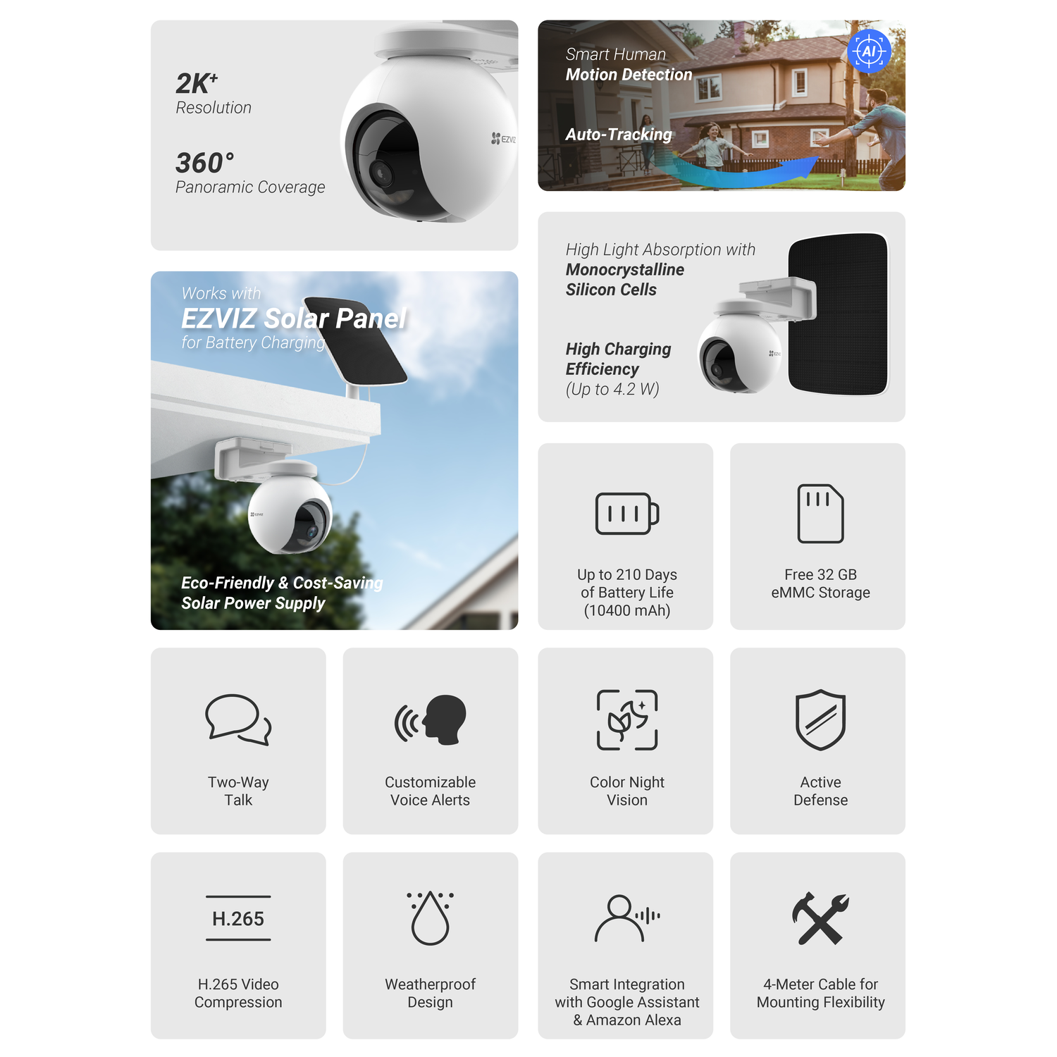 White security camera with 2k resolution and 360° coverage. Features include smart motion detection, solar panel, and night vision.