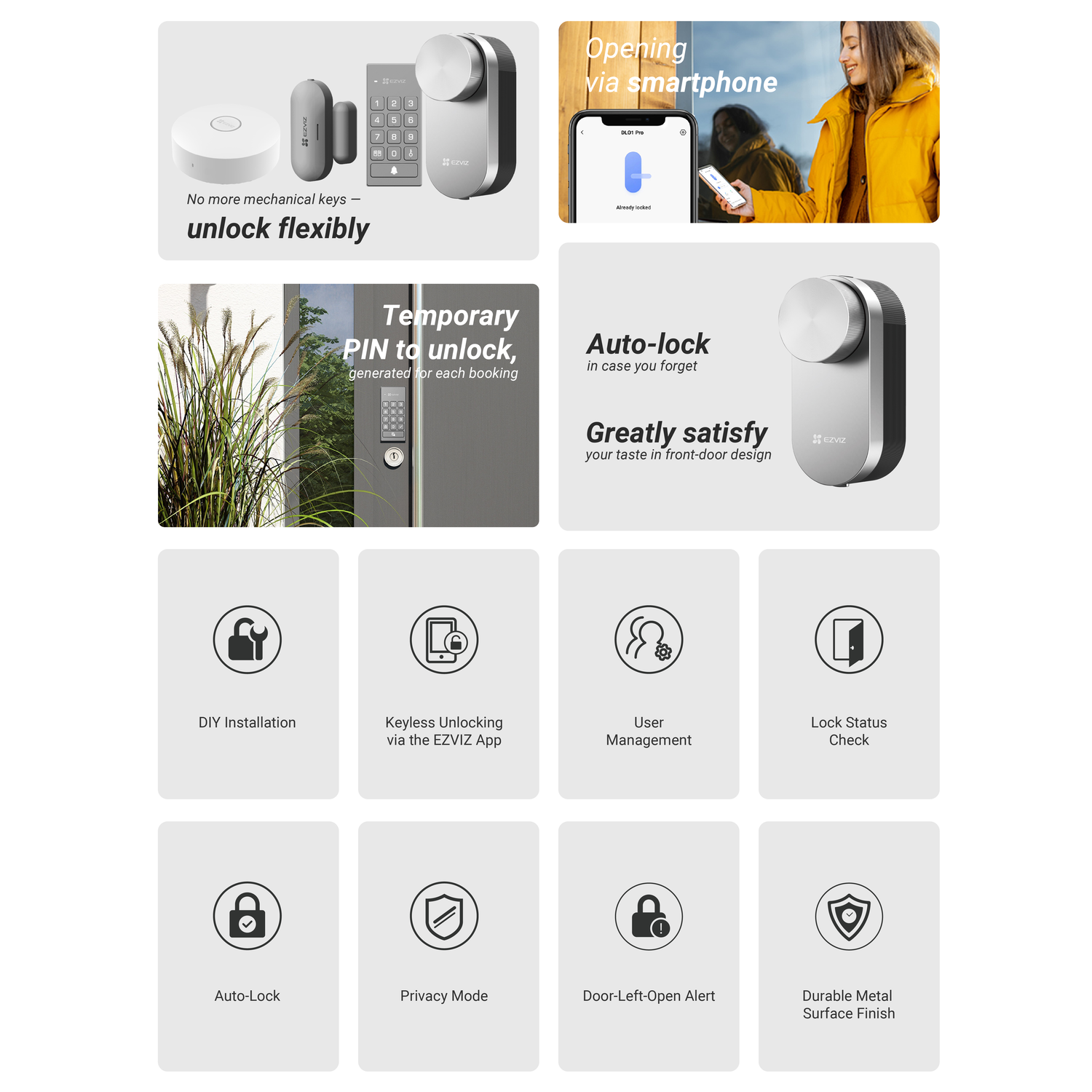 EZVIZ slim slot: sleutelloze toegang, smartphonebediening, automatisch vergrendelen, PIN-toegang, gebruikersbeheer, metalen afwerking.