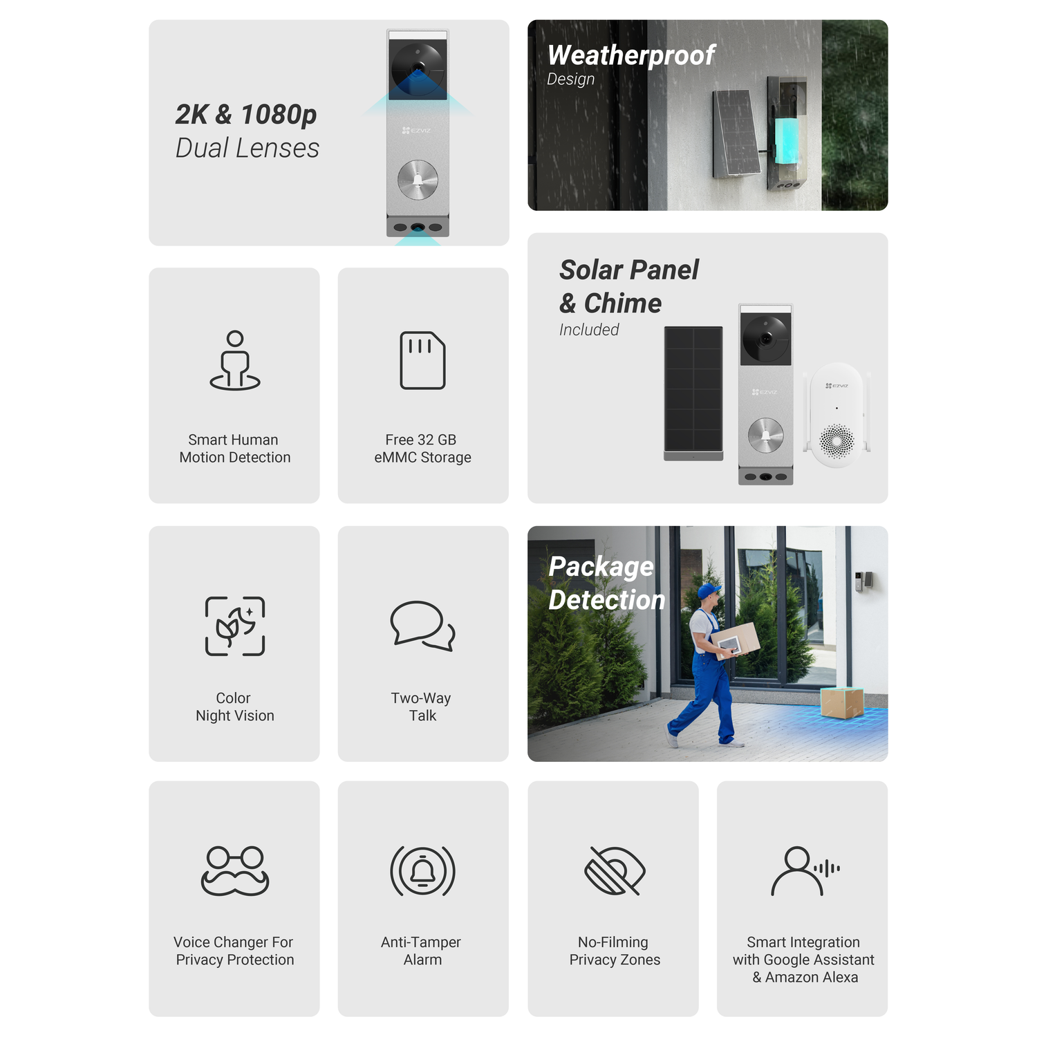 A security camera with dual lenses. Features include smart motion detection, color night vision, and two-way talk.