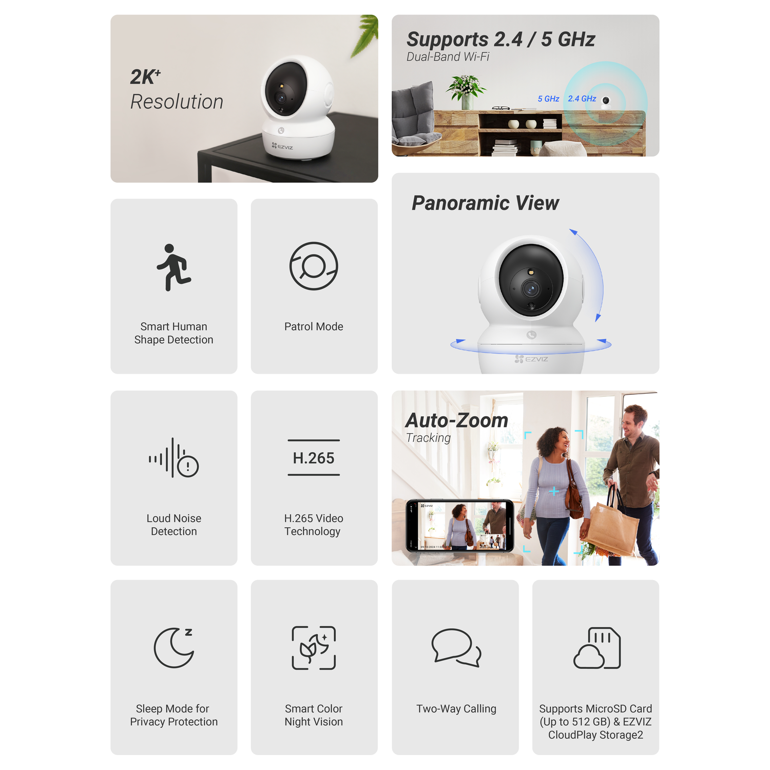 A white security camera with multiple features is shown, including 2K+ resolution, dual-band WiFi, auto-zoom, and two-way calling.