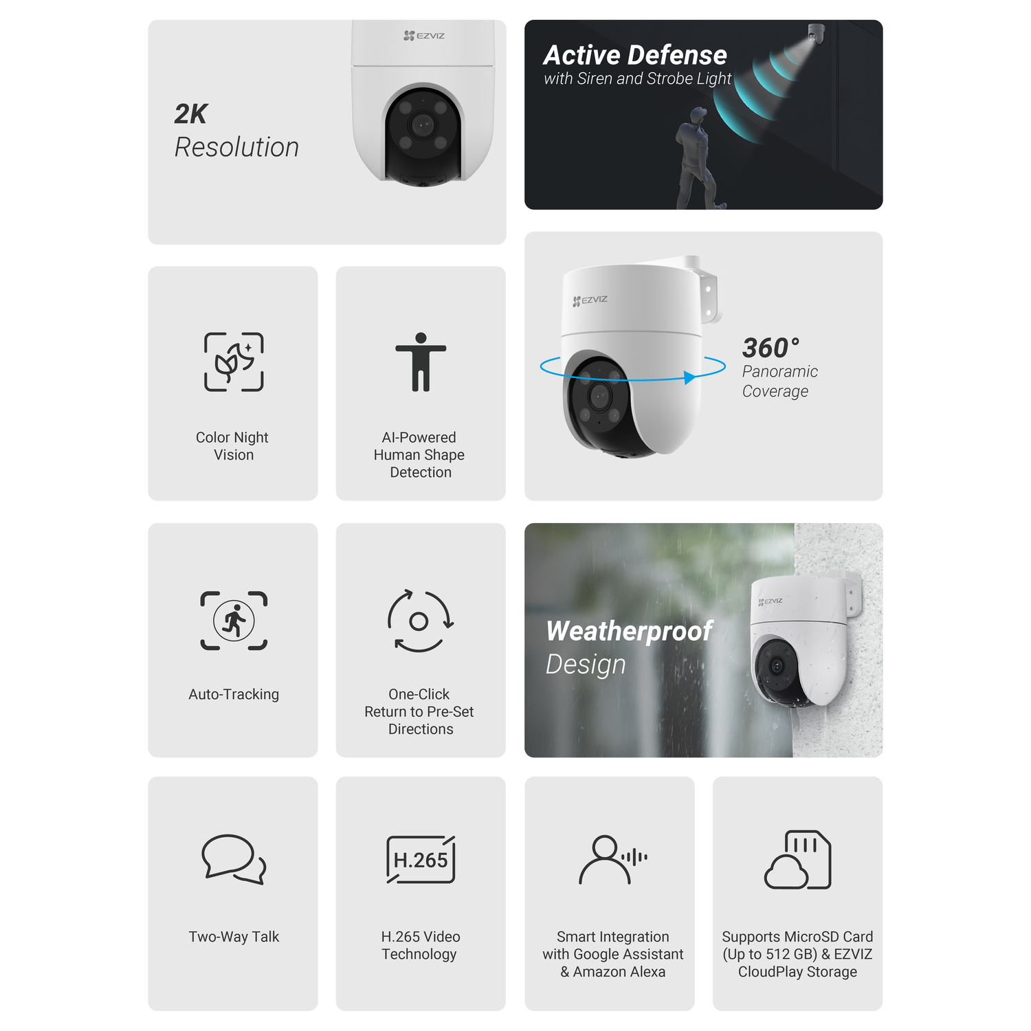 White security camera with features: 2K resolution, color night vision, AI human detection, active defense, weatherproof design, and two-way talk.