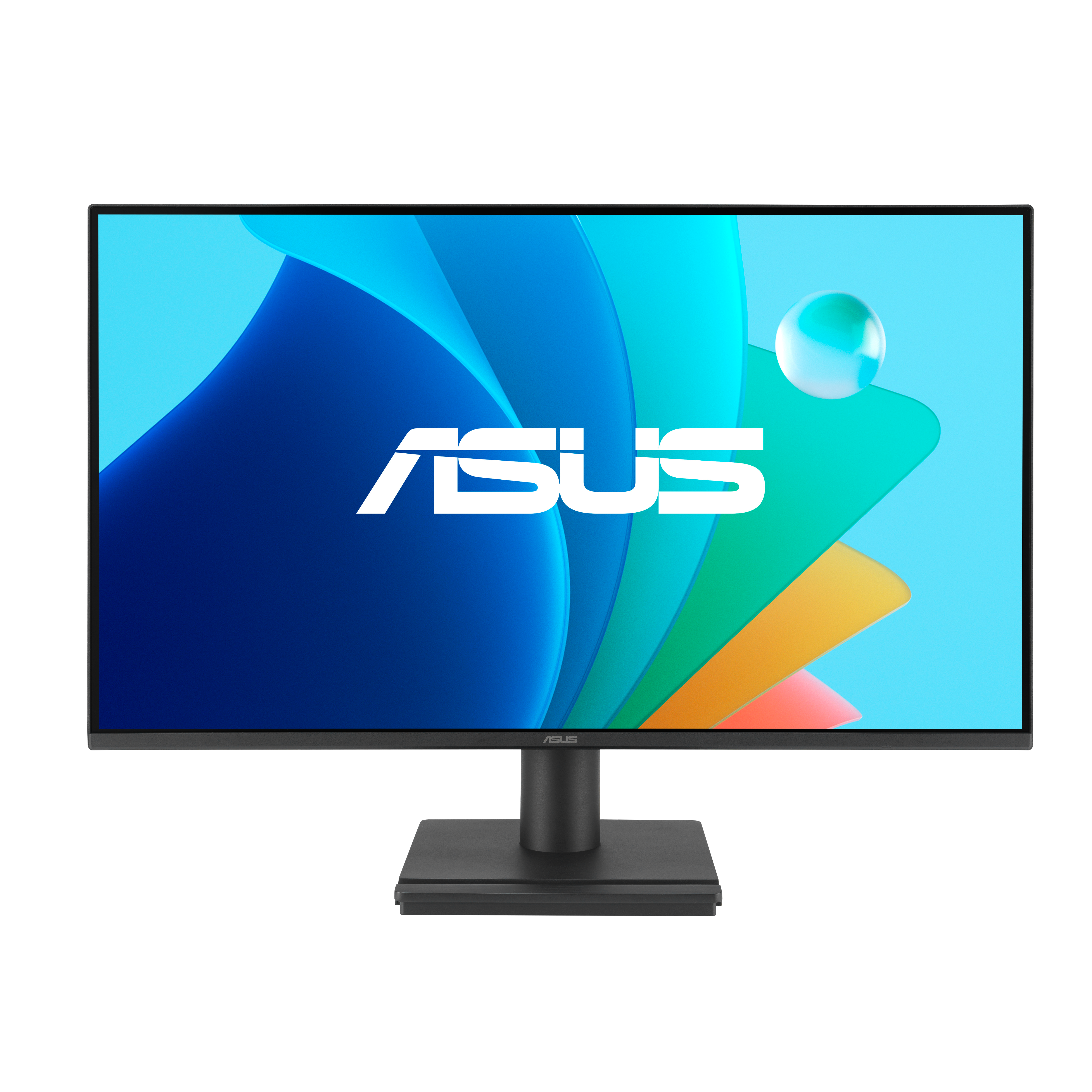 Ein schwarzer ASUS Monitor mit einem bunten Hintergrund und dem ASUS-Logo.