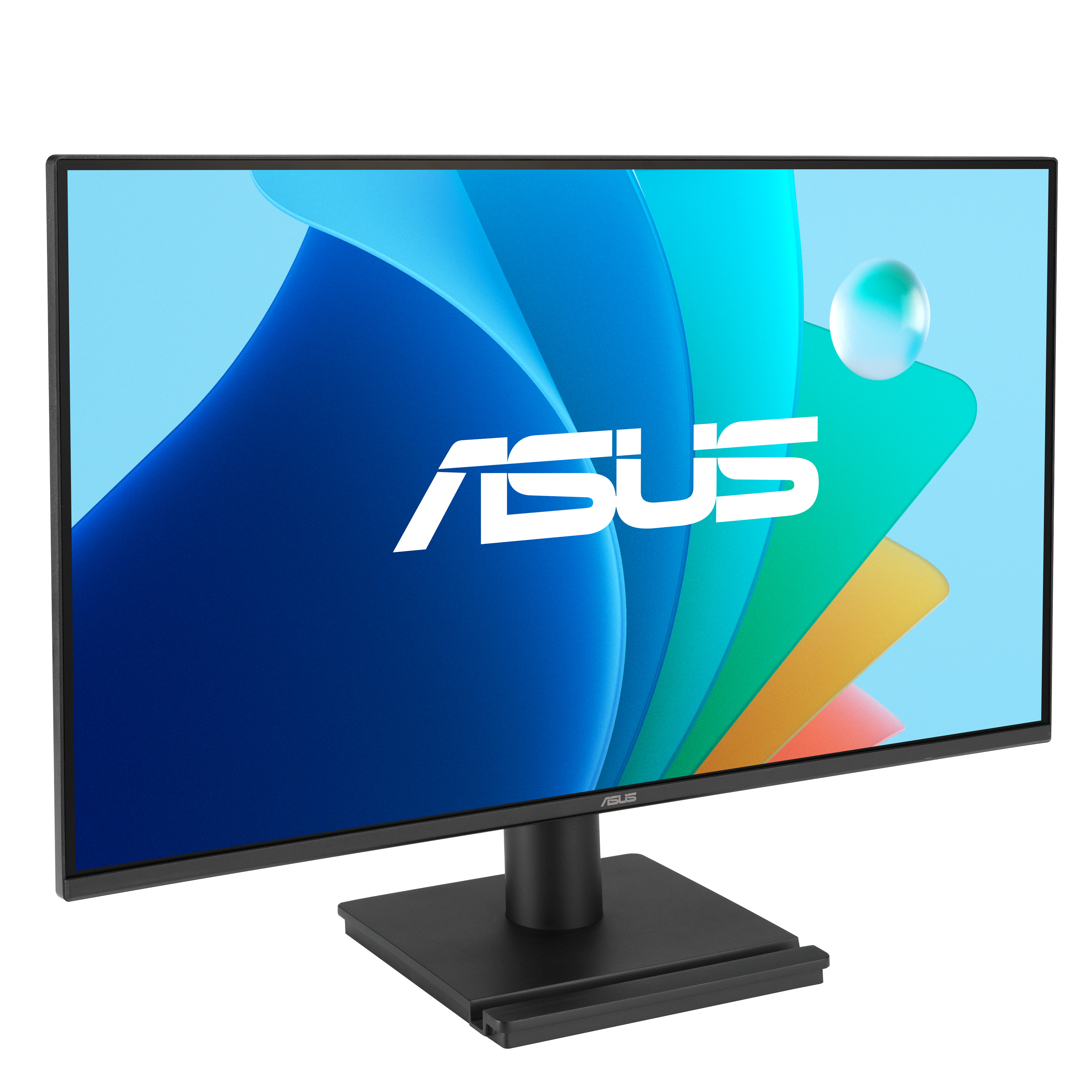 Ein schwarzer Asus-Monitor mit einem bunten ASUS-Logo auf dem Bildschirm.