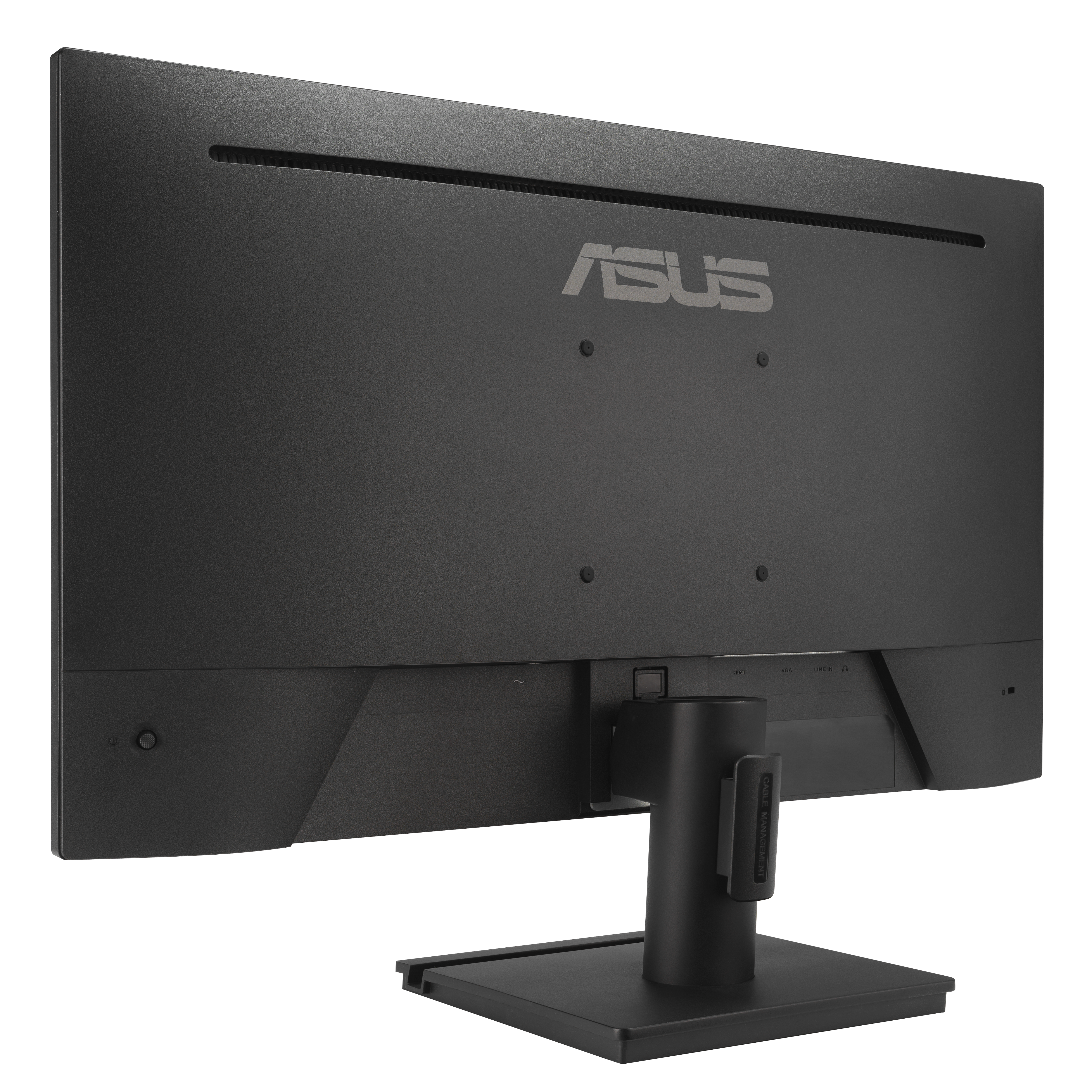 Rückseite eines schwarzen ASUS Monitors mit Standfuß und Anschlüssen.