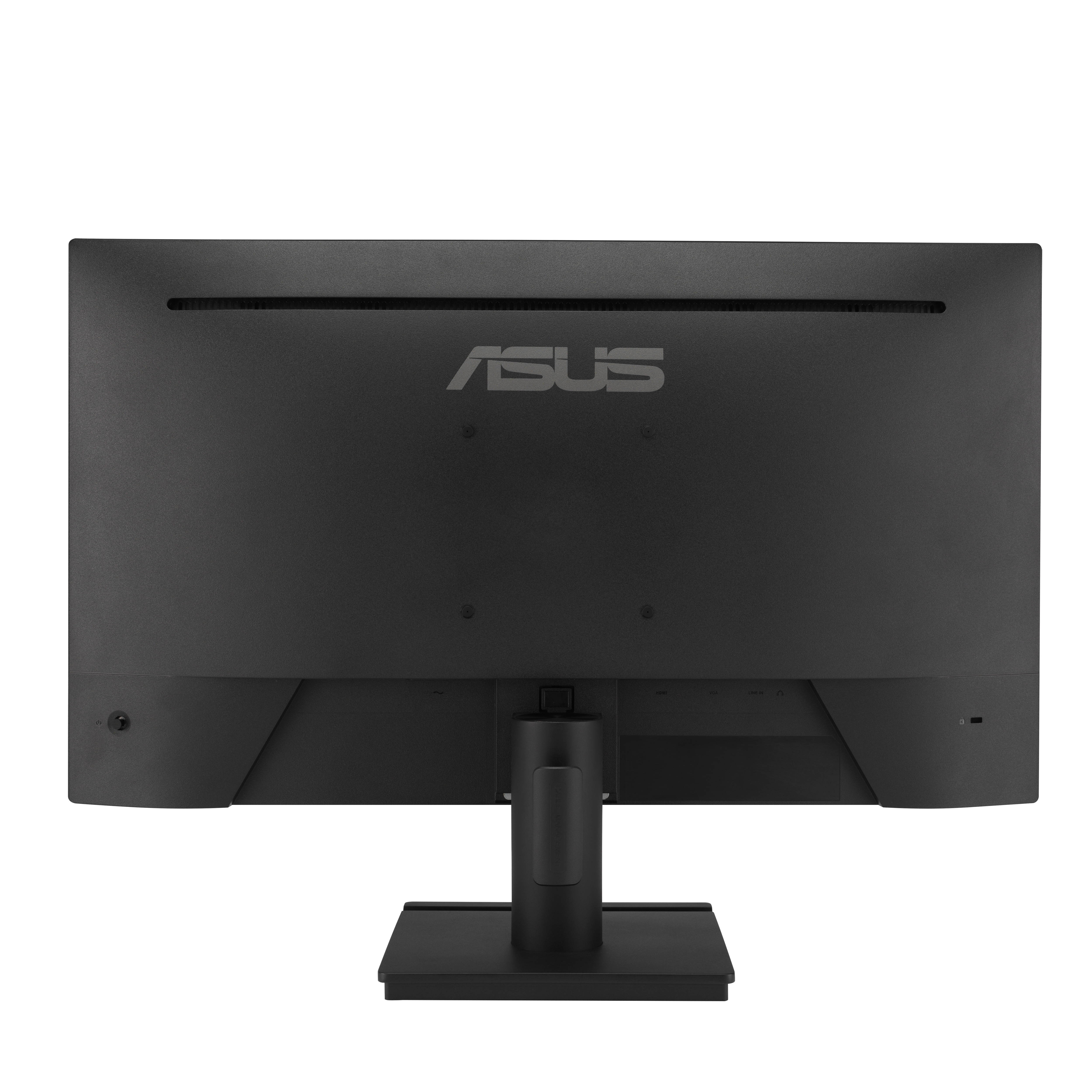 Rückseite eines schwarzen Asus Monitors mit Standfuß und Anschlüssen.