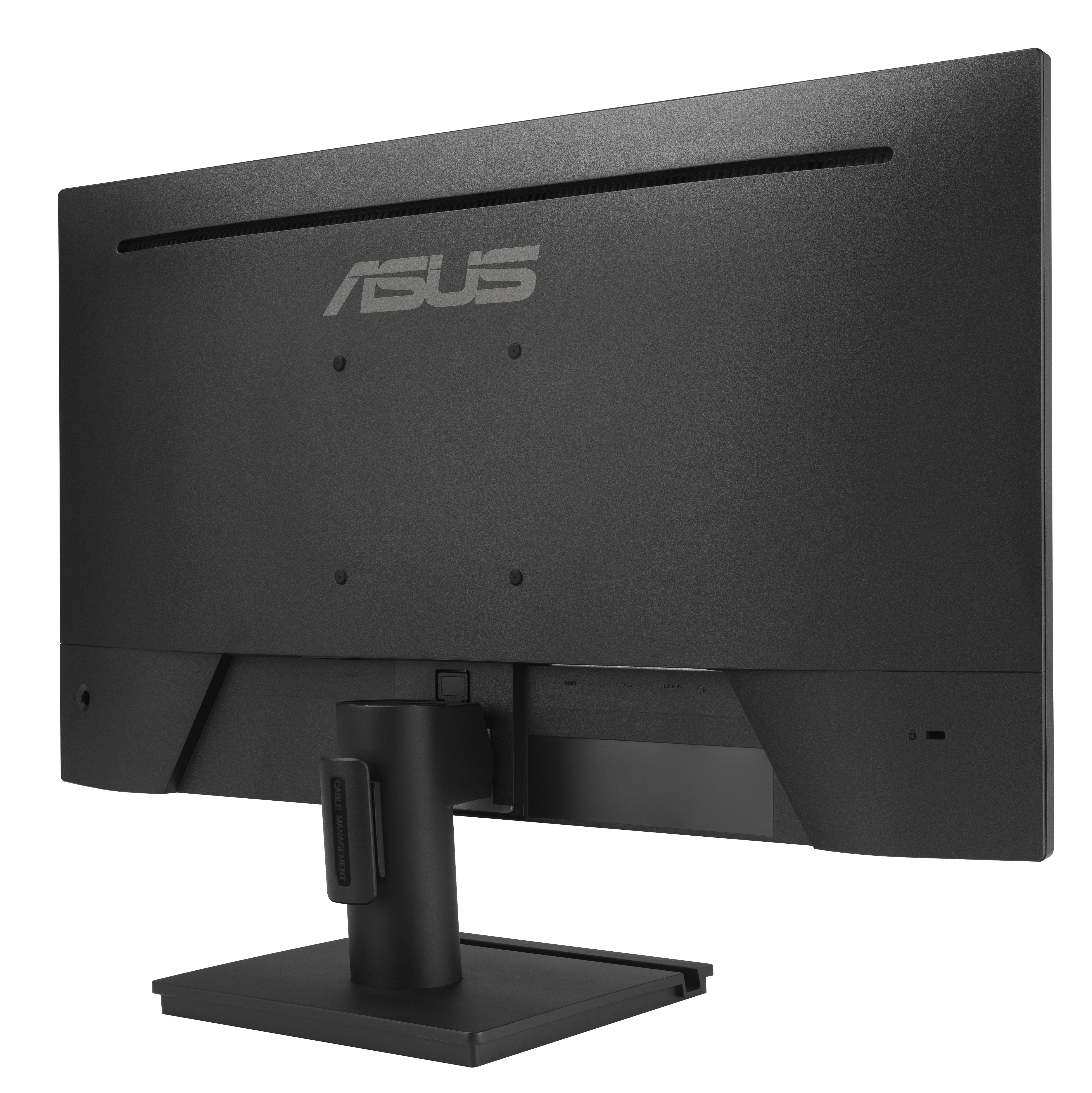 Rückseite eines schwarzen ASUS Monitors mit Anschlüssen und Standfuß.